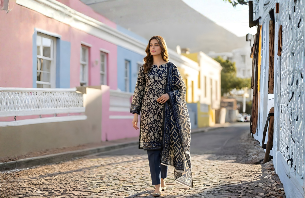 3 Pieces – Sohni Dharti Navy Blue Unstitched Transliminar Magic Print Lawn Suit