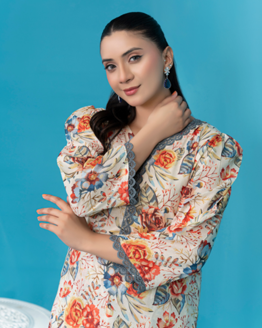 2 Piece - Gold Unstitched White With Multi Ladies Print Lawn Suit