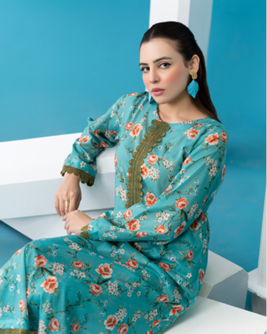 2 Piece - Gold Unstitched Sky Blue Ladies Print Lawn Suit