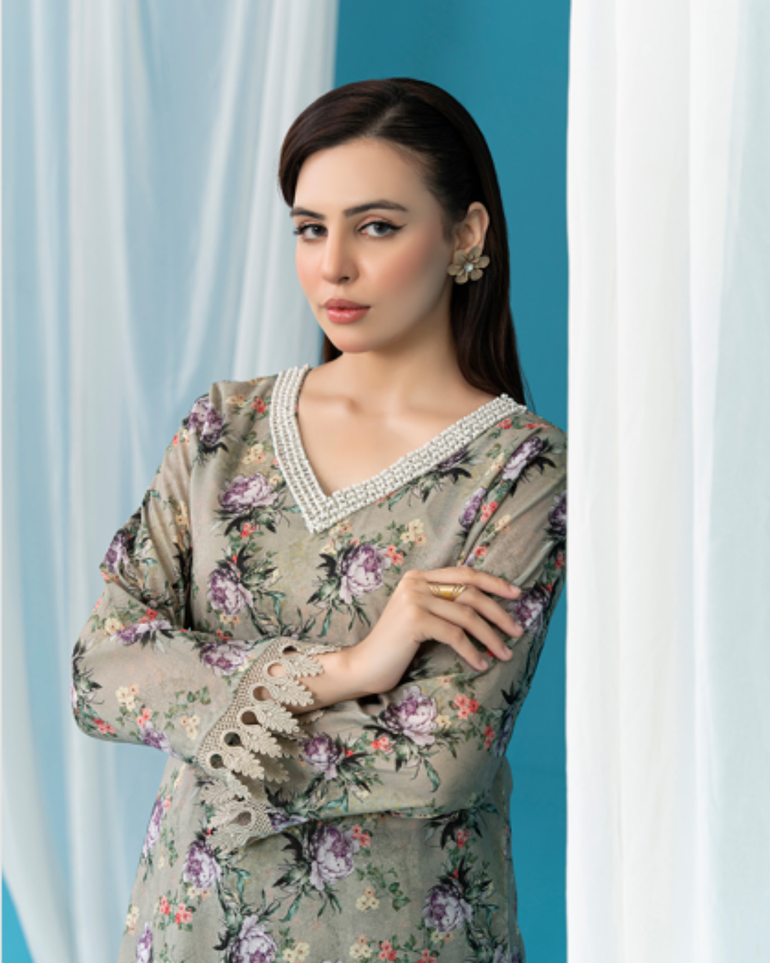 2 Piece - Gold Unstitched Olive Grey Ladies Print Lawn Suit