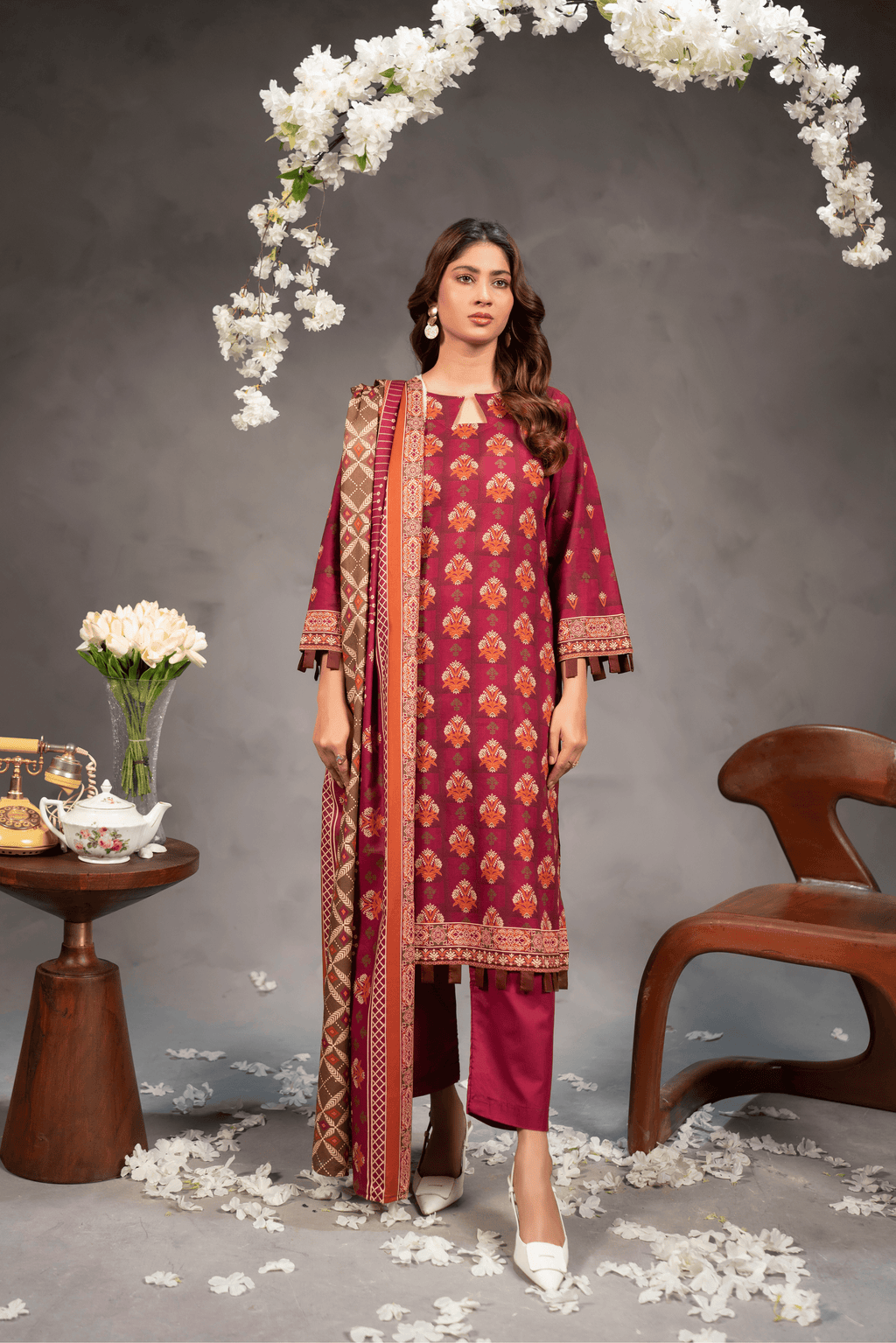 3 Piece - Mahi Unstitched Red Ladies Transliminor Magic Print Lawn Suit