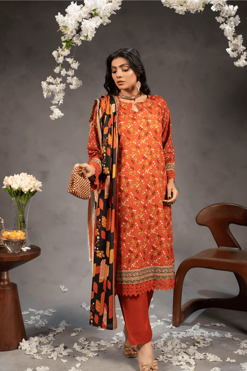 3 Piece - Mahi Unstitched Orange Ladies Transliminor Magic Print Lawn Suit
