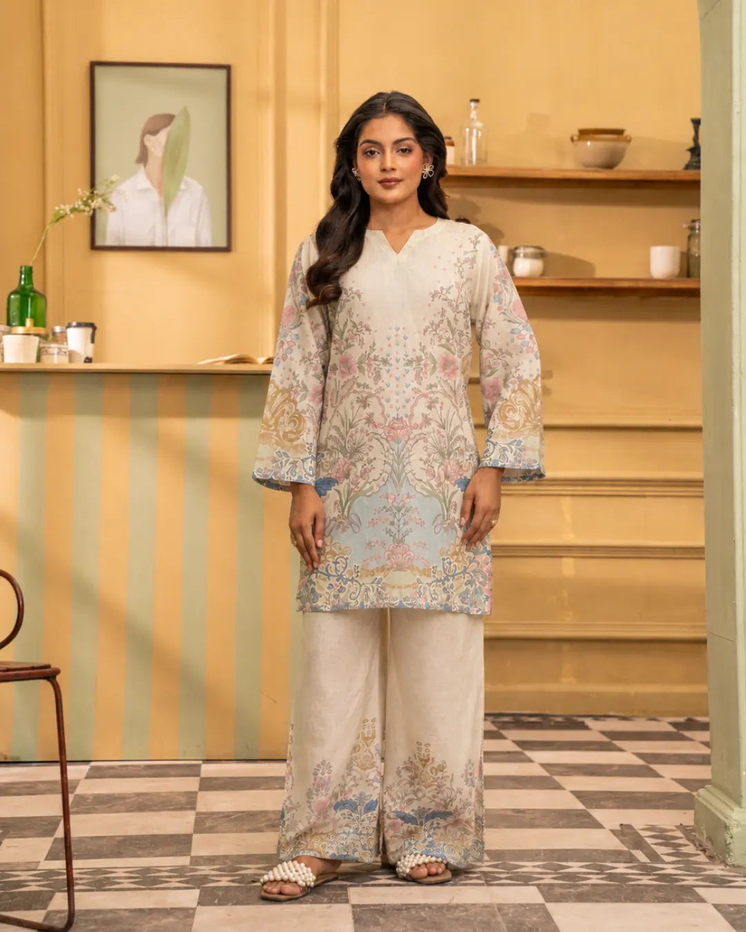 2 Piece - Gold Unstitched Off-white Ladies Print Lawn Suit