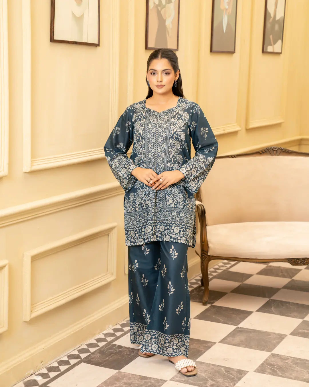 2 Piece - Gold Unstitched Grayish blue Ladies Print Lawn Suit