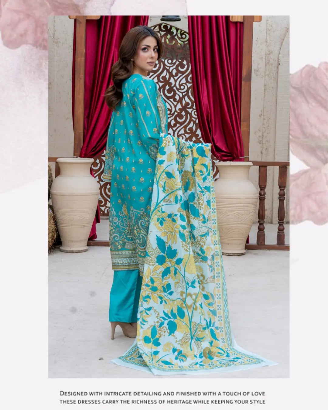 3 Piece - Gold Unstitched Ferozi Printed Lawn Suit