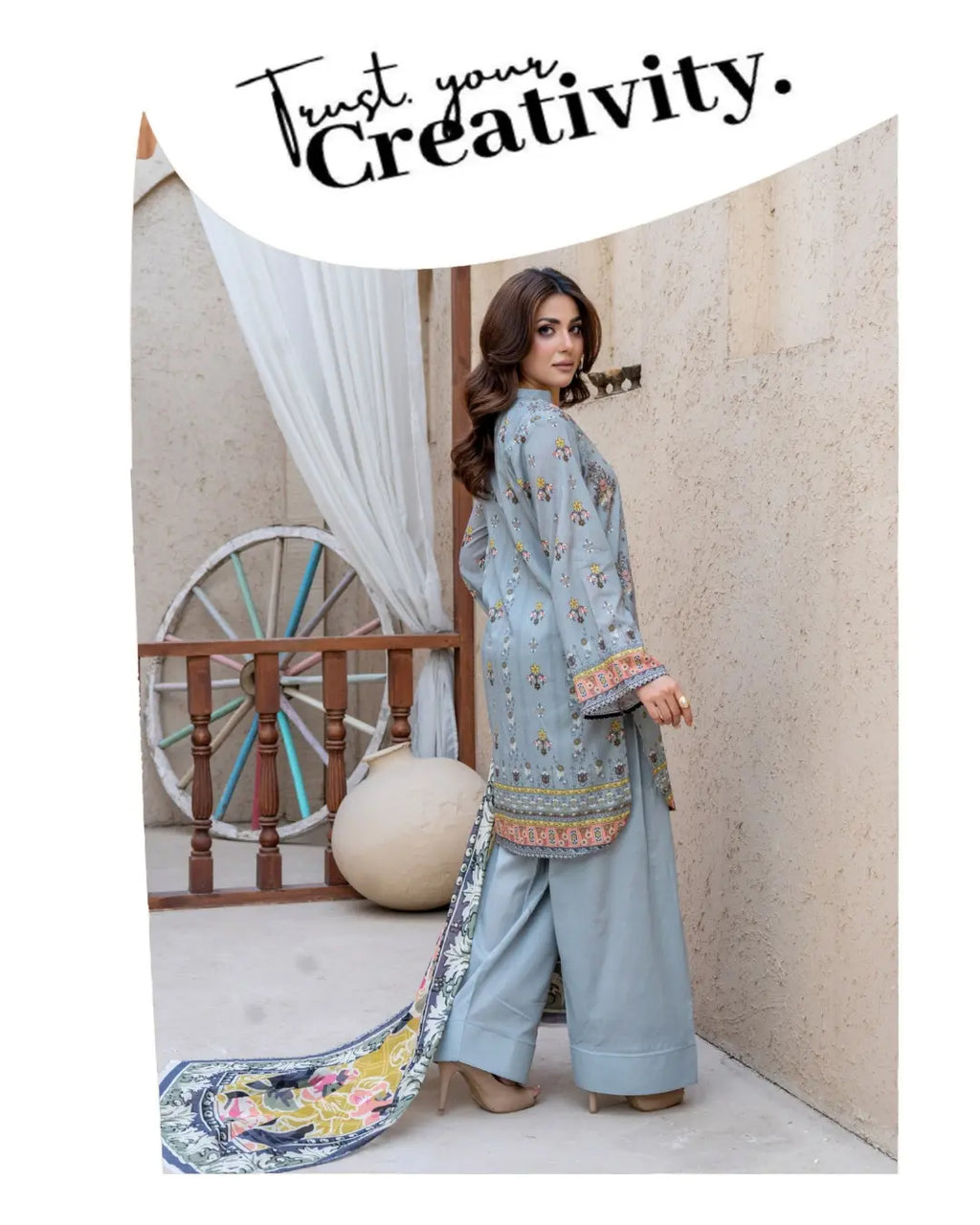 3 Piece - Gold Unstitched Grey Printed Lawn Suit