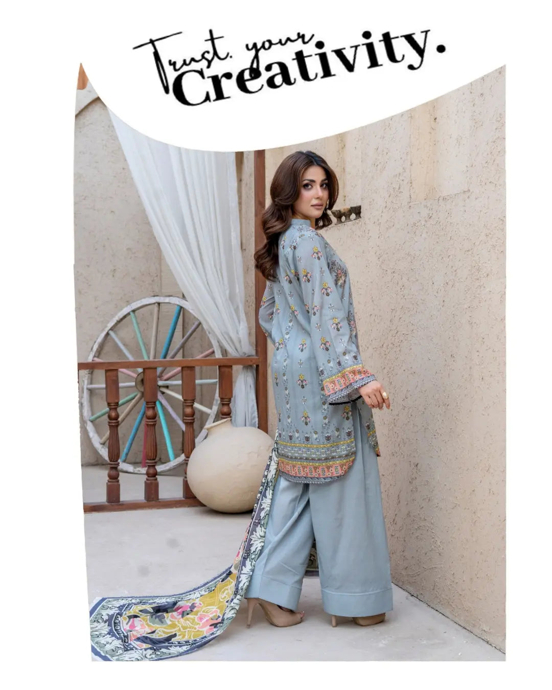 3 Piece - Gold Unstitched Grey Printed Lawn Suit