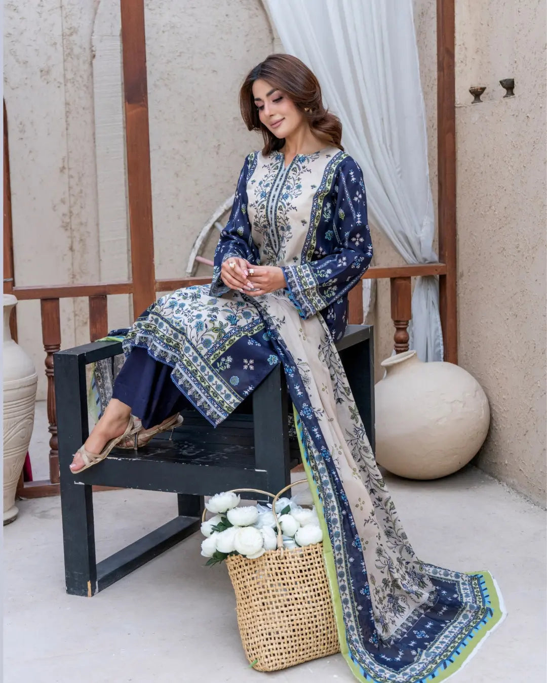 3 Piece - Gold Unstitched Blue Printed Lawn Suit
