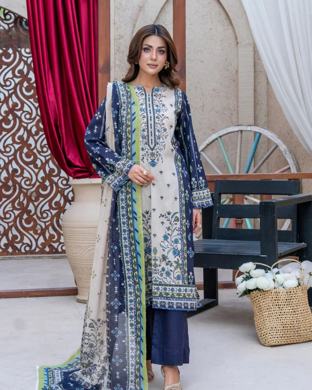3 Piece - Gold Unstitched Blue Printed Lawn Suit