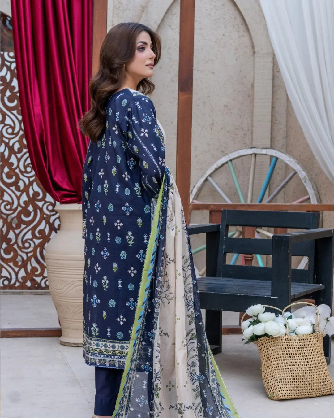 3 Piece - Gold Unstitched Blue Printed Lawn Suit