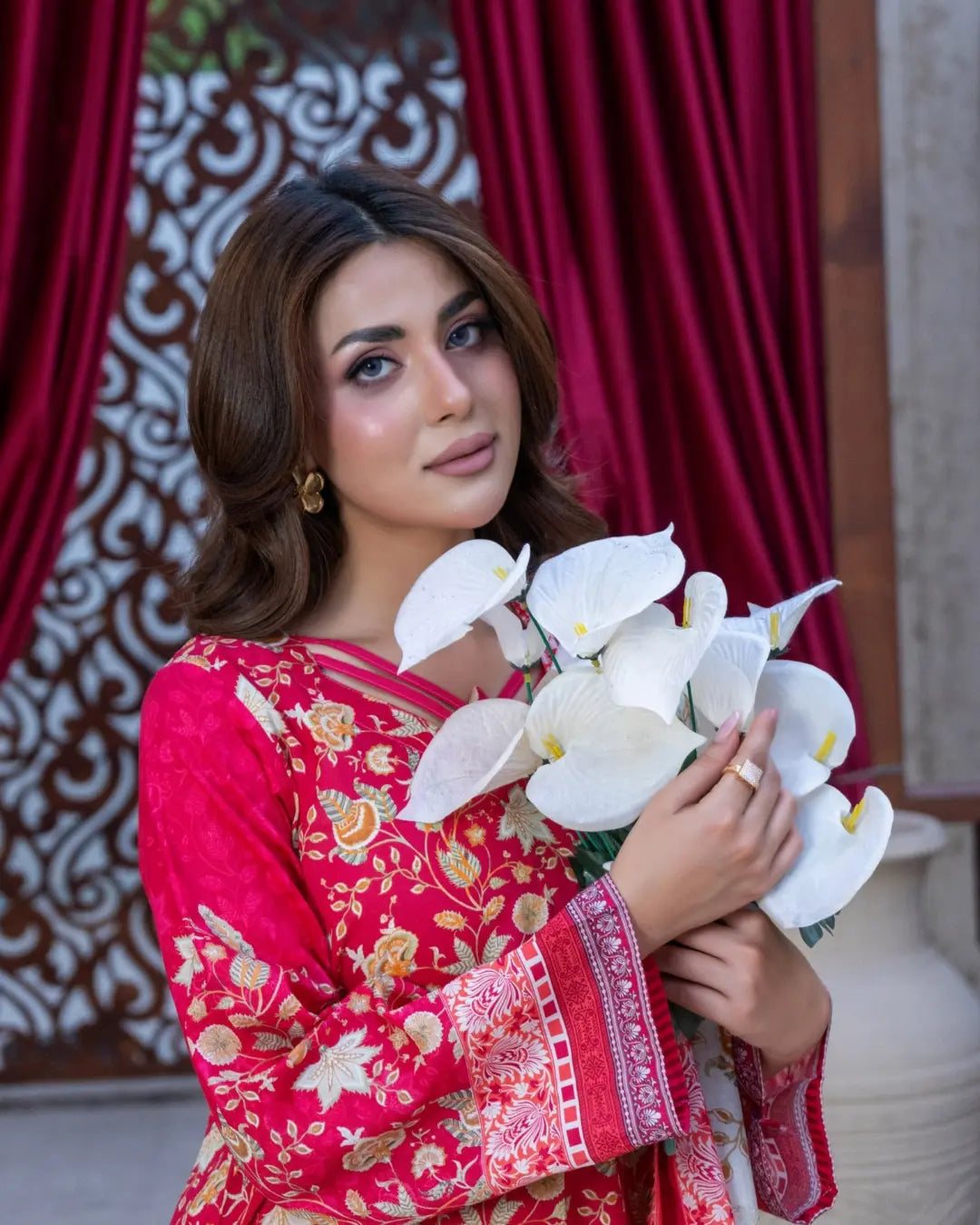 3 Piece - Gold Unstitched Red Printed Lawn Suit