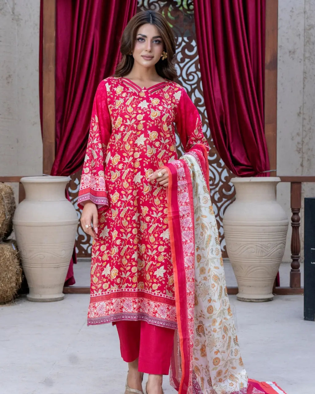3 Piece - Gold Unstitched Red Printed Lawn Suit