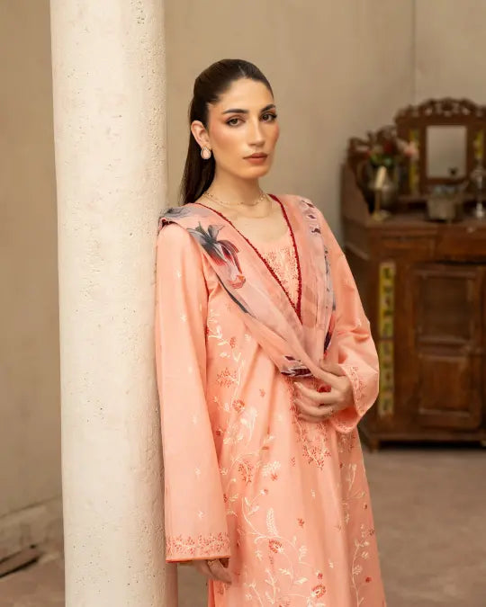 3 Piece - Gold Unstitched Peach Embroidered Lawn Suit