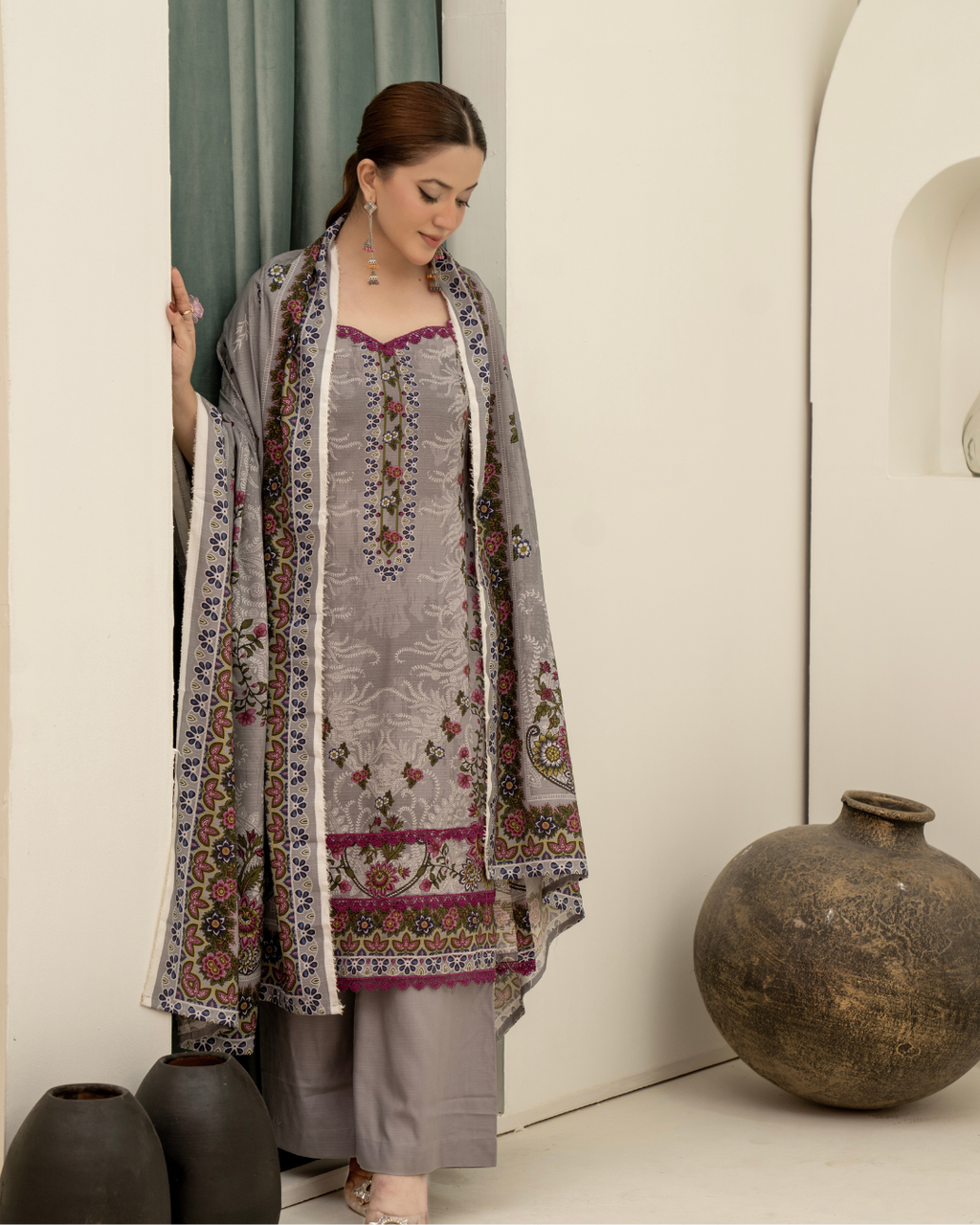 3 Pieces - Marooj Unstitched Grey BanaDora Linen Suit