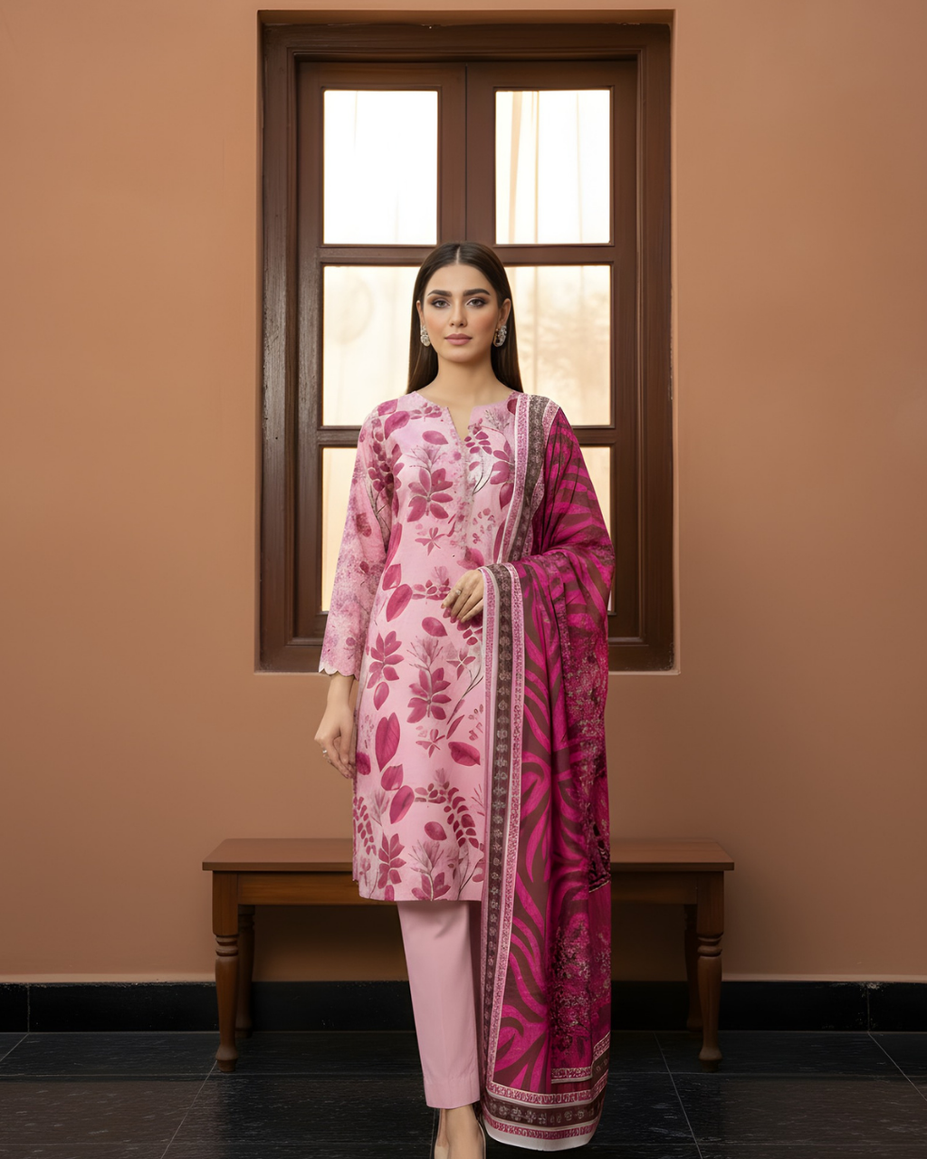3 Pieces - Marooj Unstitched Baby Pink Printed Khaddar Suit