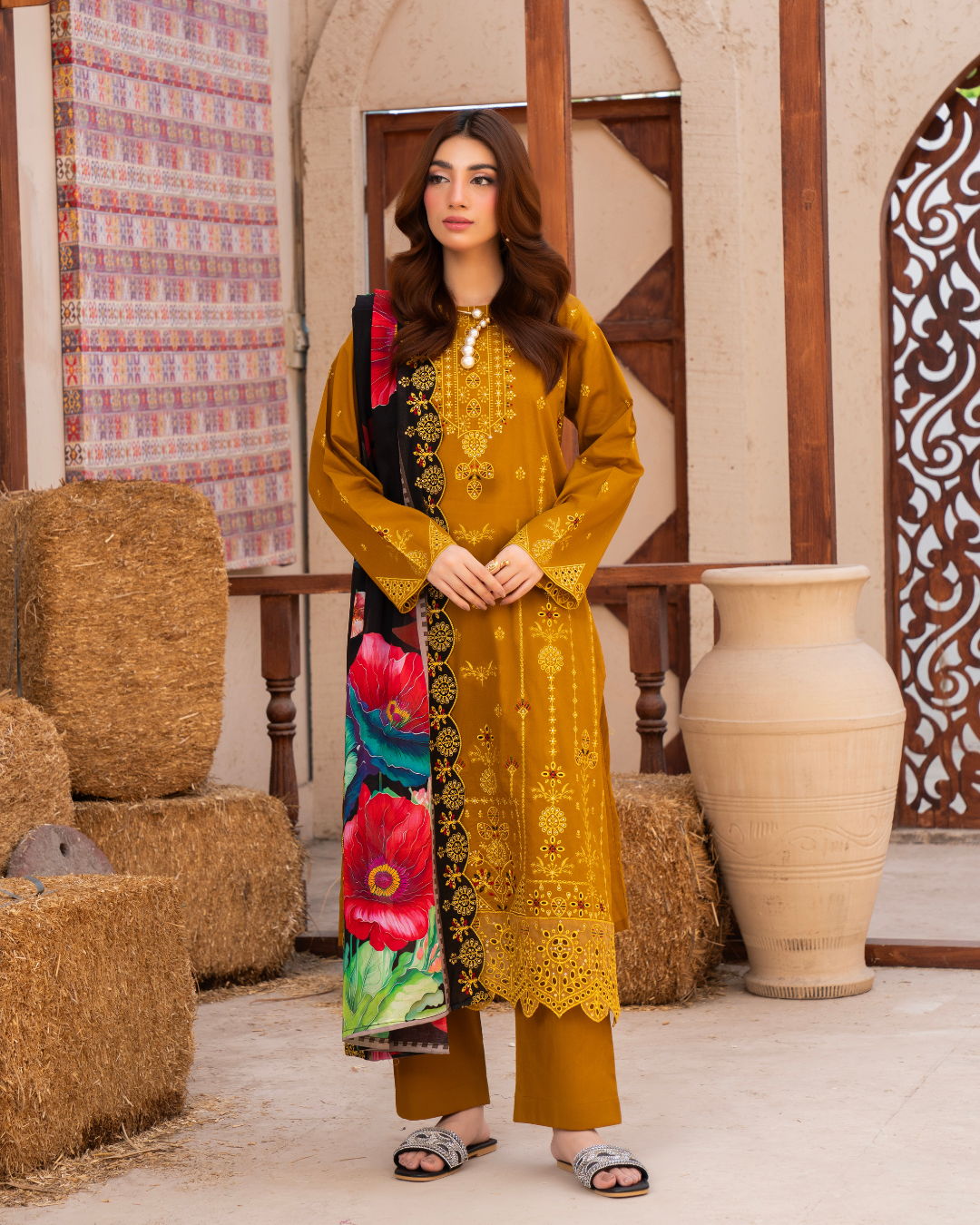 3 Piece - Gold Unstitched Mustard Embroidered Lawn Suit