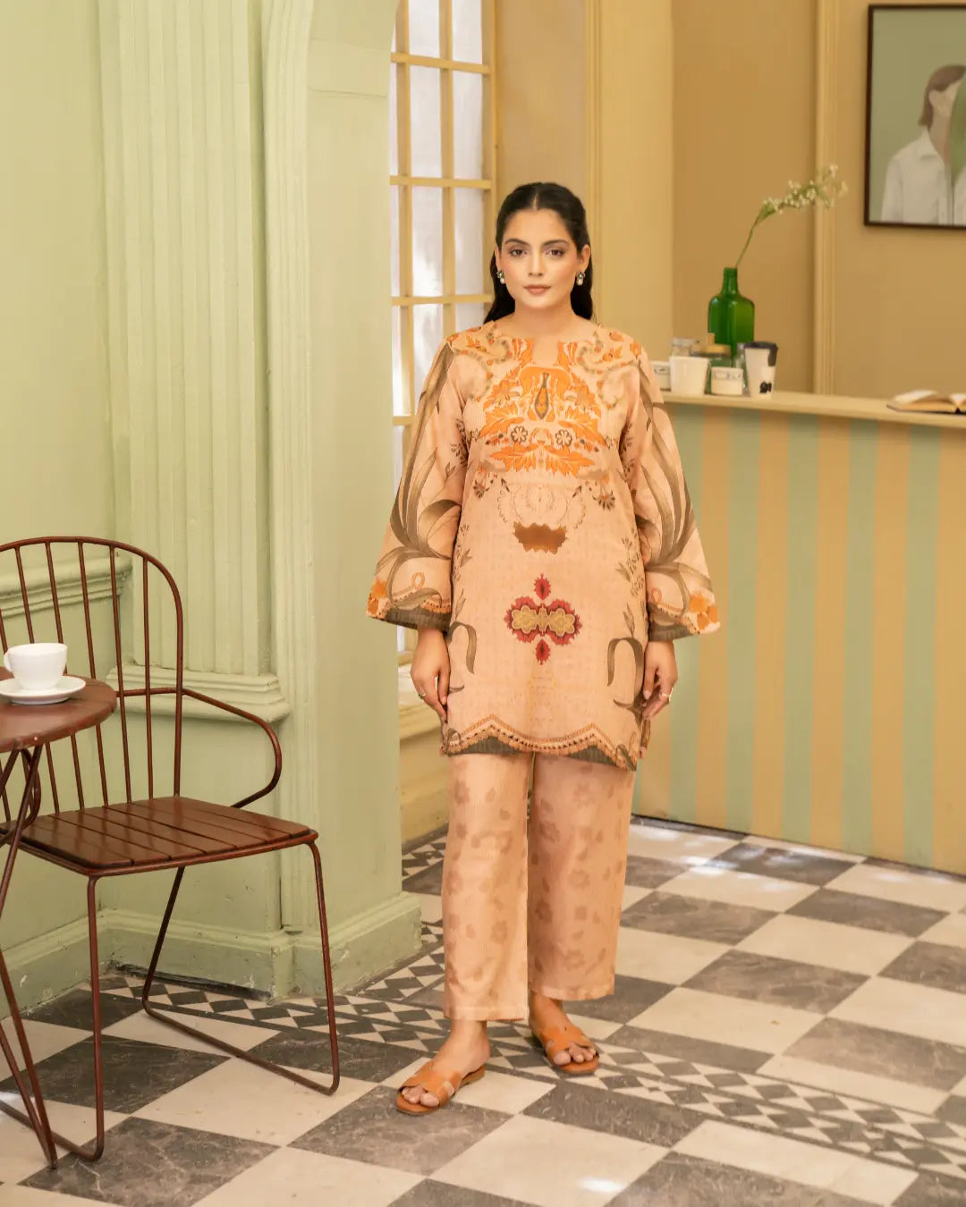 2 Piece - Gold Unstitched Peach Ladies Print Lawn Suit