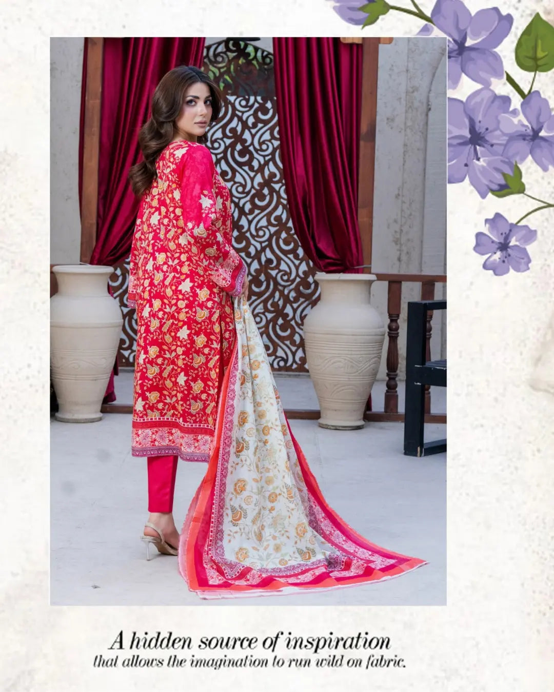 3 Piece - Gold Unstitched Red Printed Lawn Suit