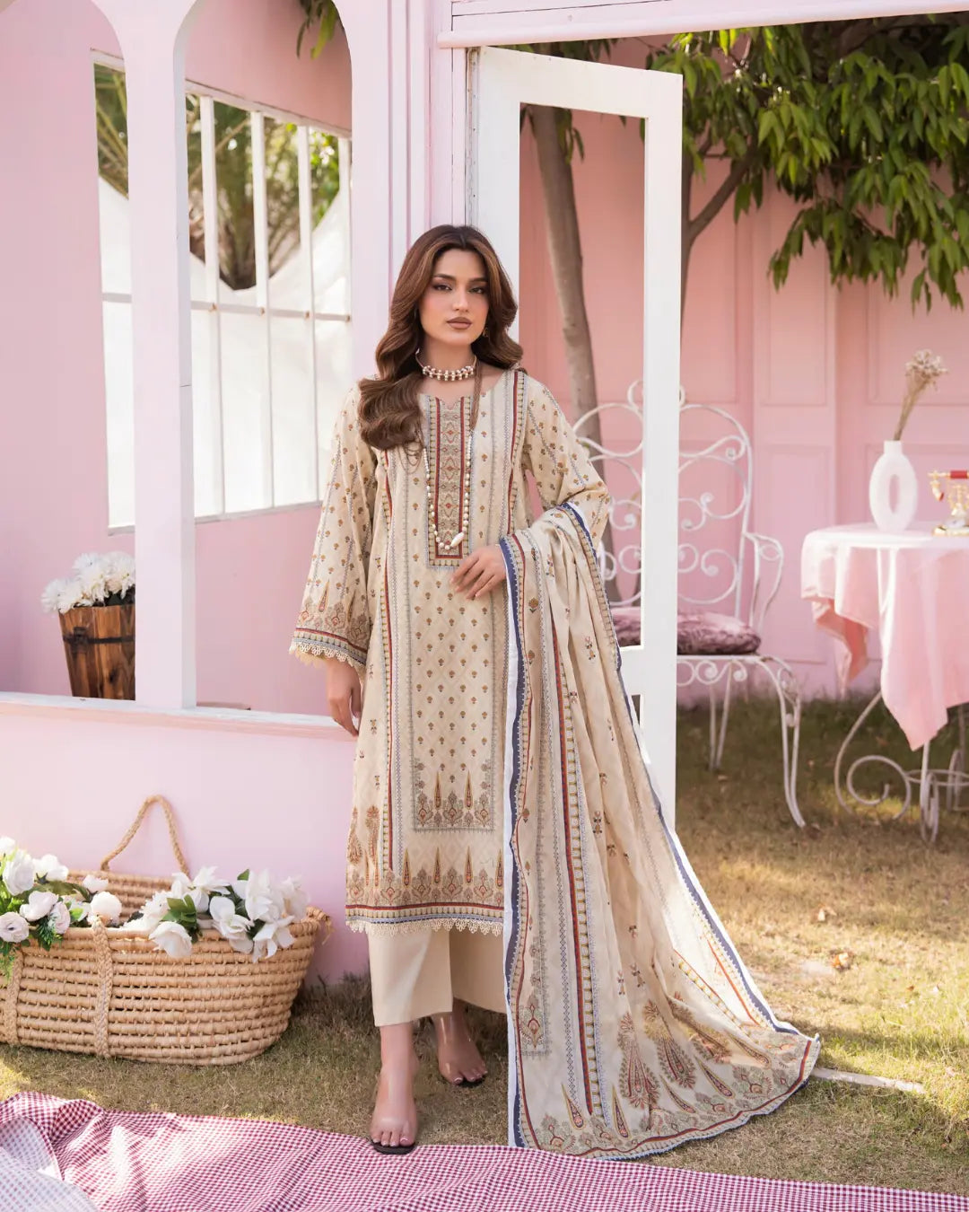 3 Piece - Gold Unstitched Cream Printed Lawn Suit