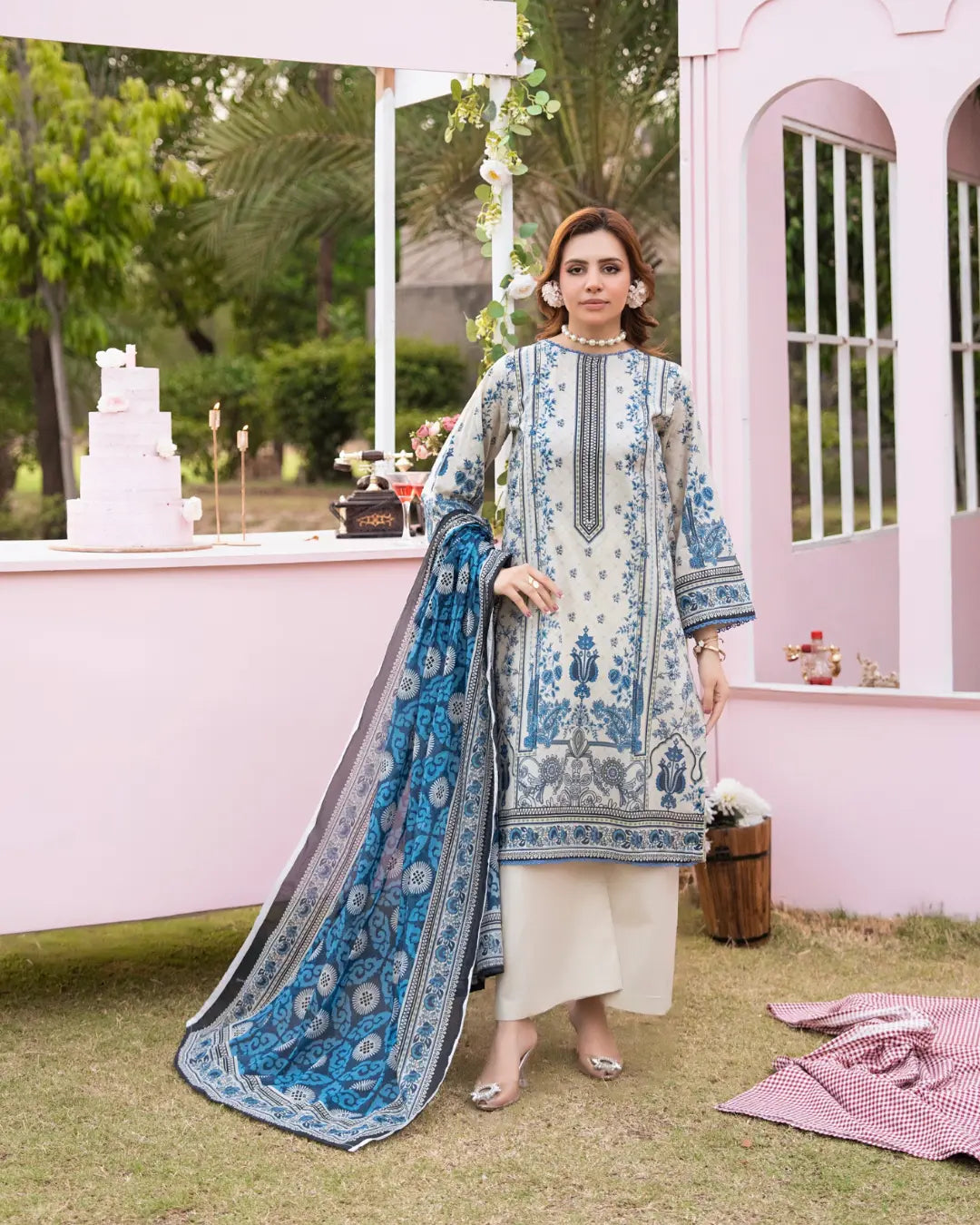 3 Piece - Gold Unstitched Off-White Printed Lawn Suit