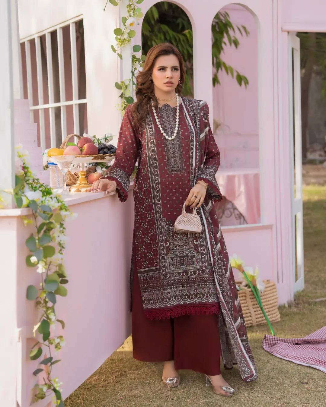 3 Piece - Gold Unstitched Maroon Printed Lawn Suit