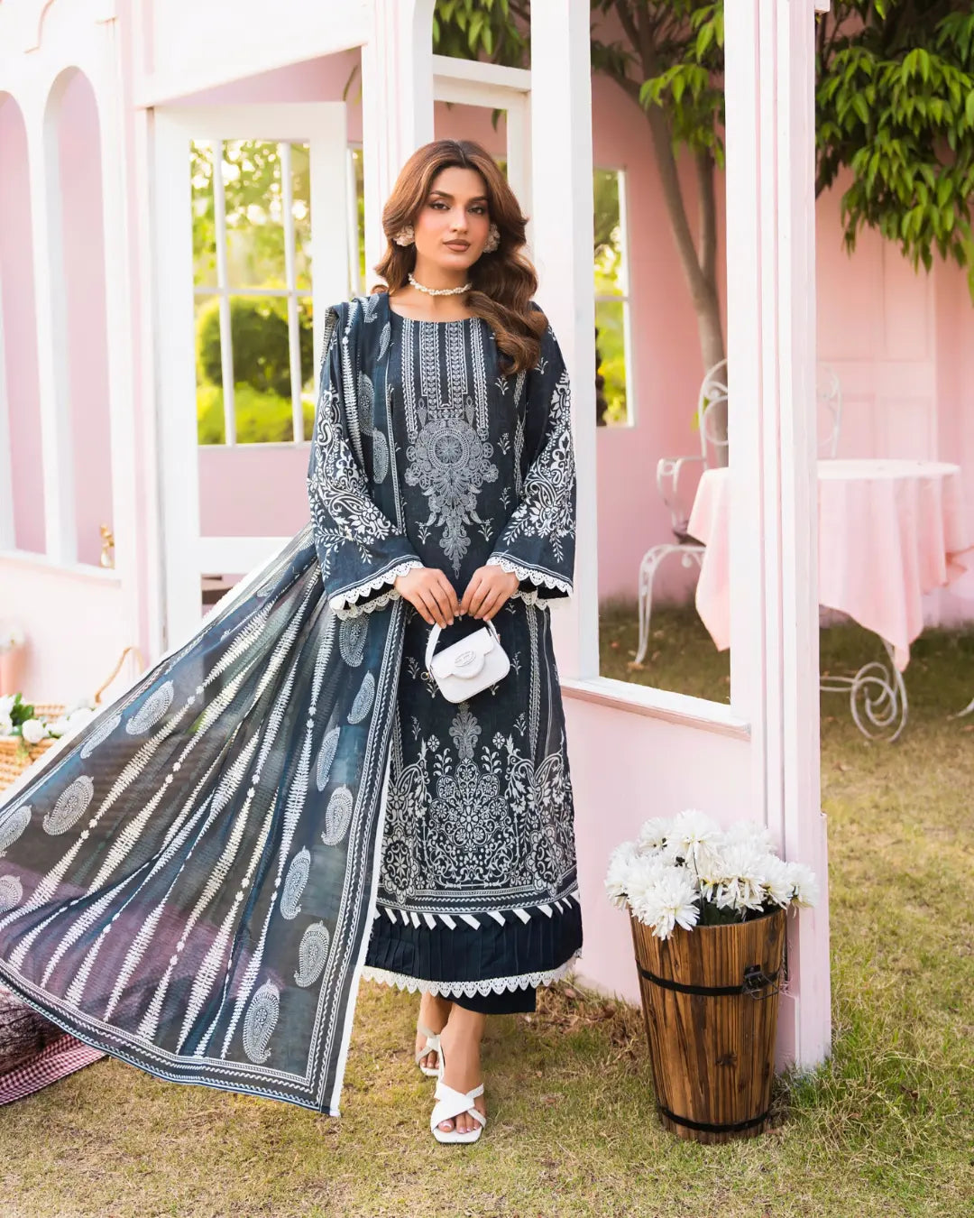 3 Piece - Gold Unstitched Grayish Blue Printed Lawn Suit