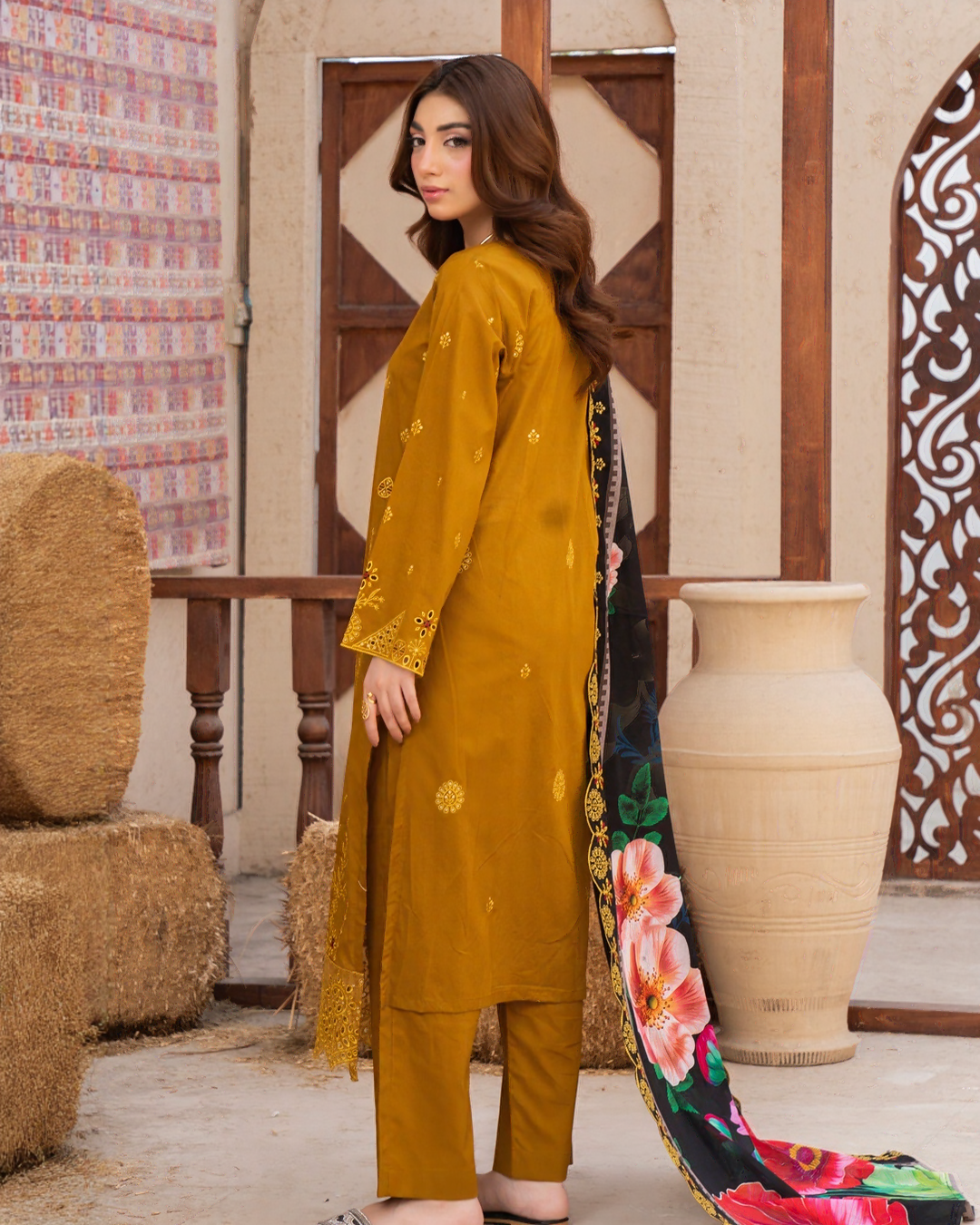 3 Piece - Gold Unstitched Mustard Embroidered Lawn Suit