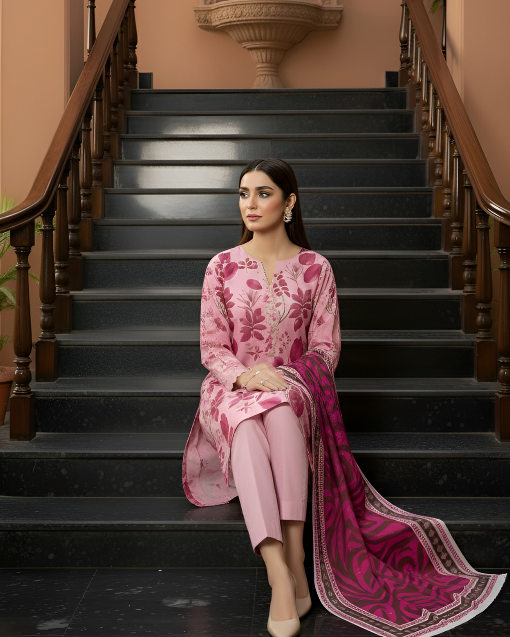 3 Pieces - Marooj Unstitched Baby Pink Printed Khaddar Suit