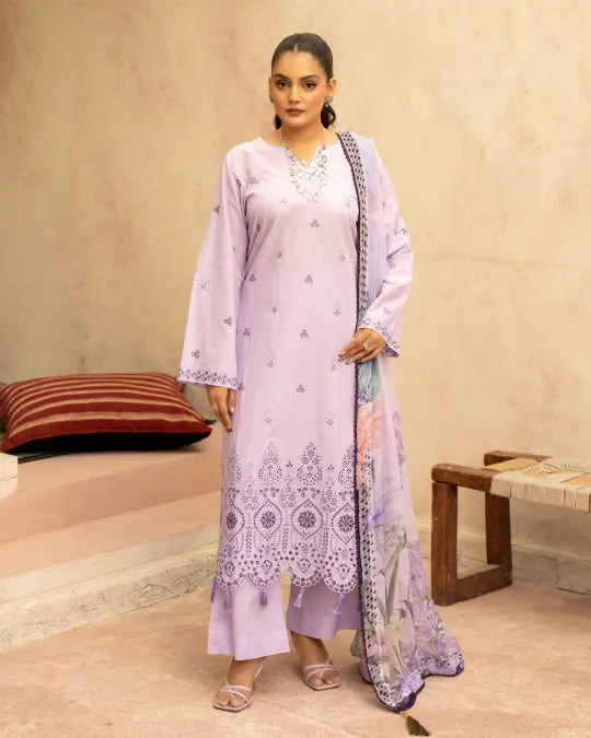 3 Piece - Gold Unstitched Purple Embroidered Lawn Suit