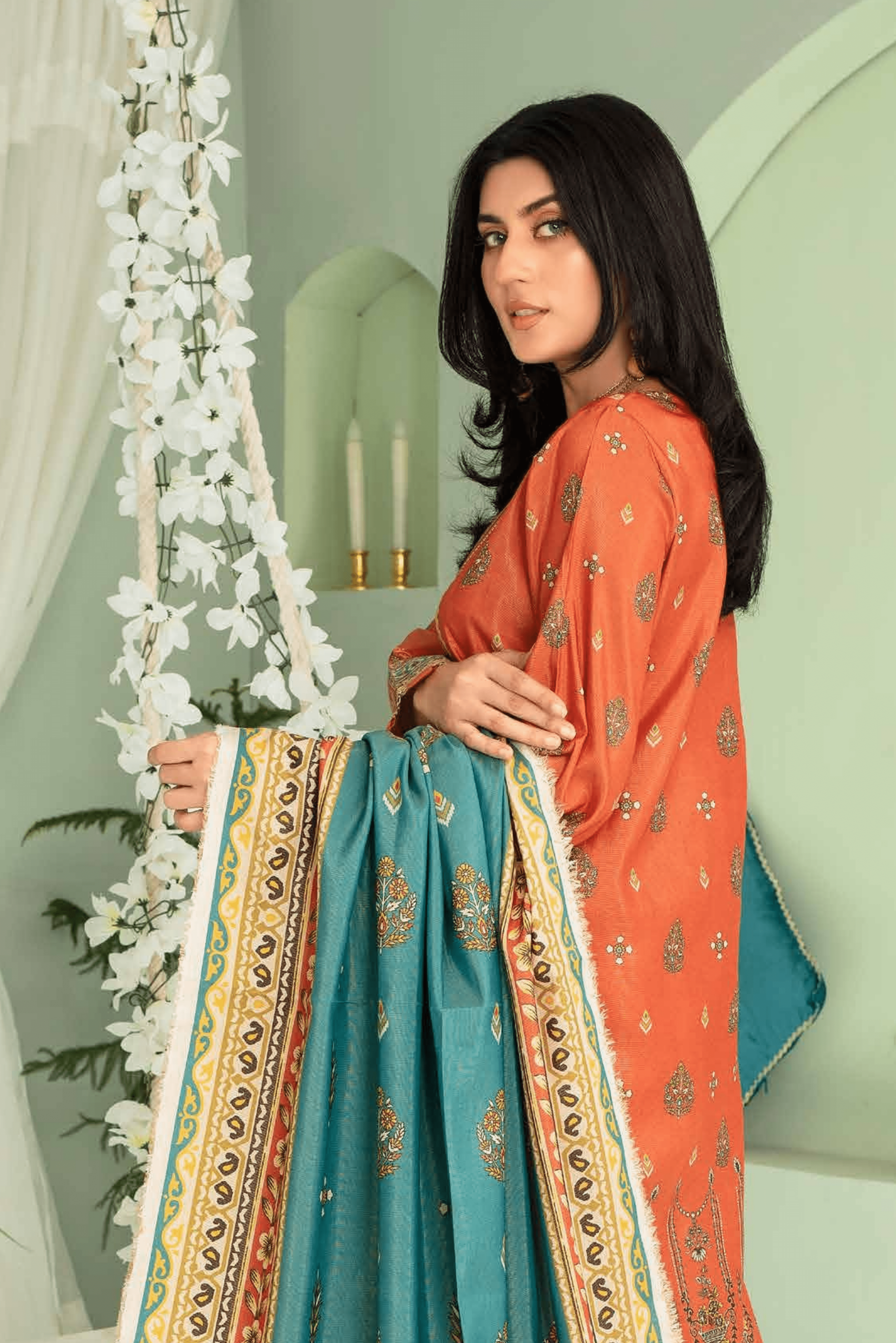 3 Pieces - Aizal Unstitched Orange Printed Shamray Linen Suit