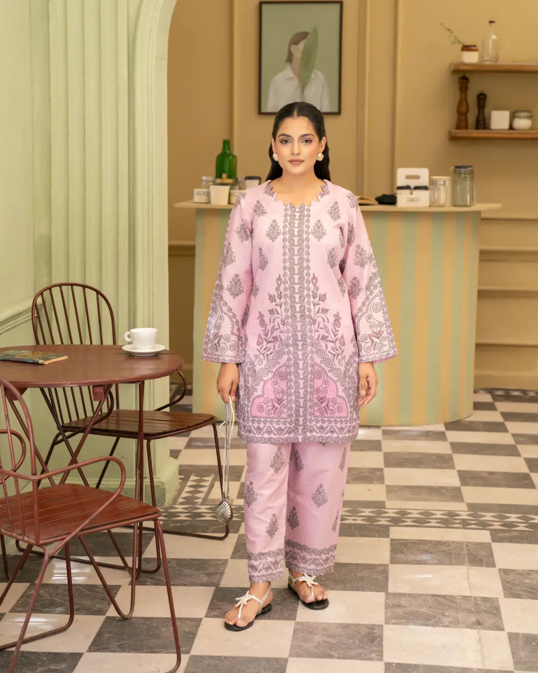 2 Piece - Gold Unstitched Baby Pink Ladies Print Lawn Suit