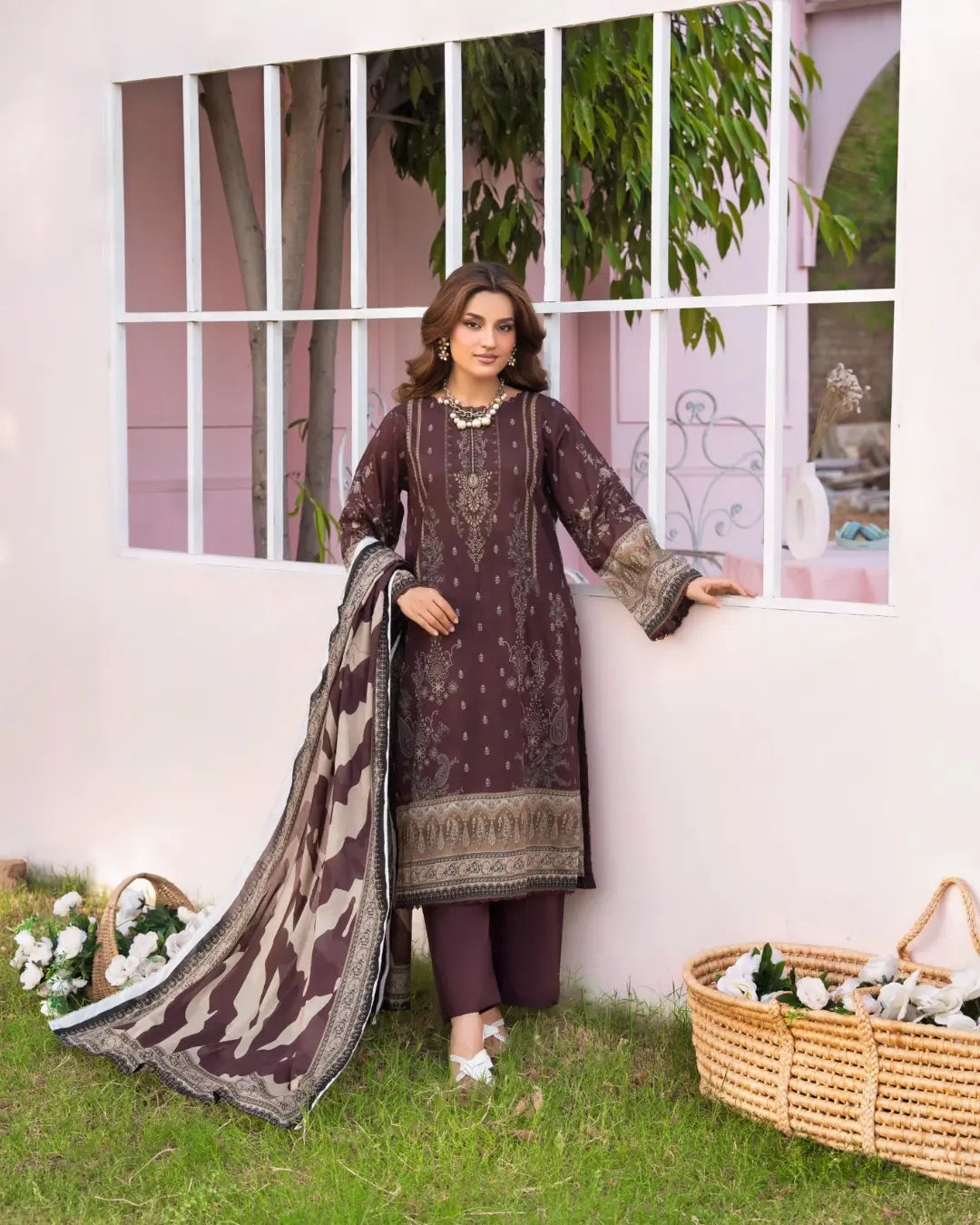 3 Piece - Gold Unstitched Grayish Plum  Printed Lawn Suit