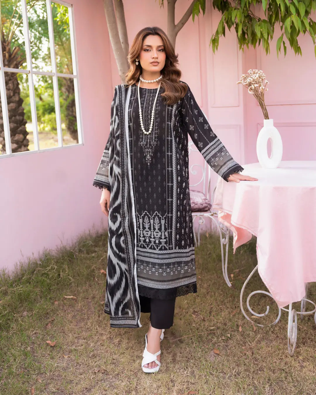 3 Piece - Gold Unstitched Black Printed Lawn Suit