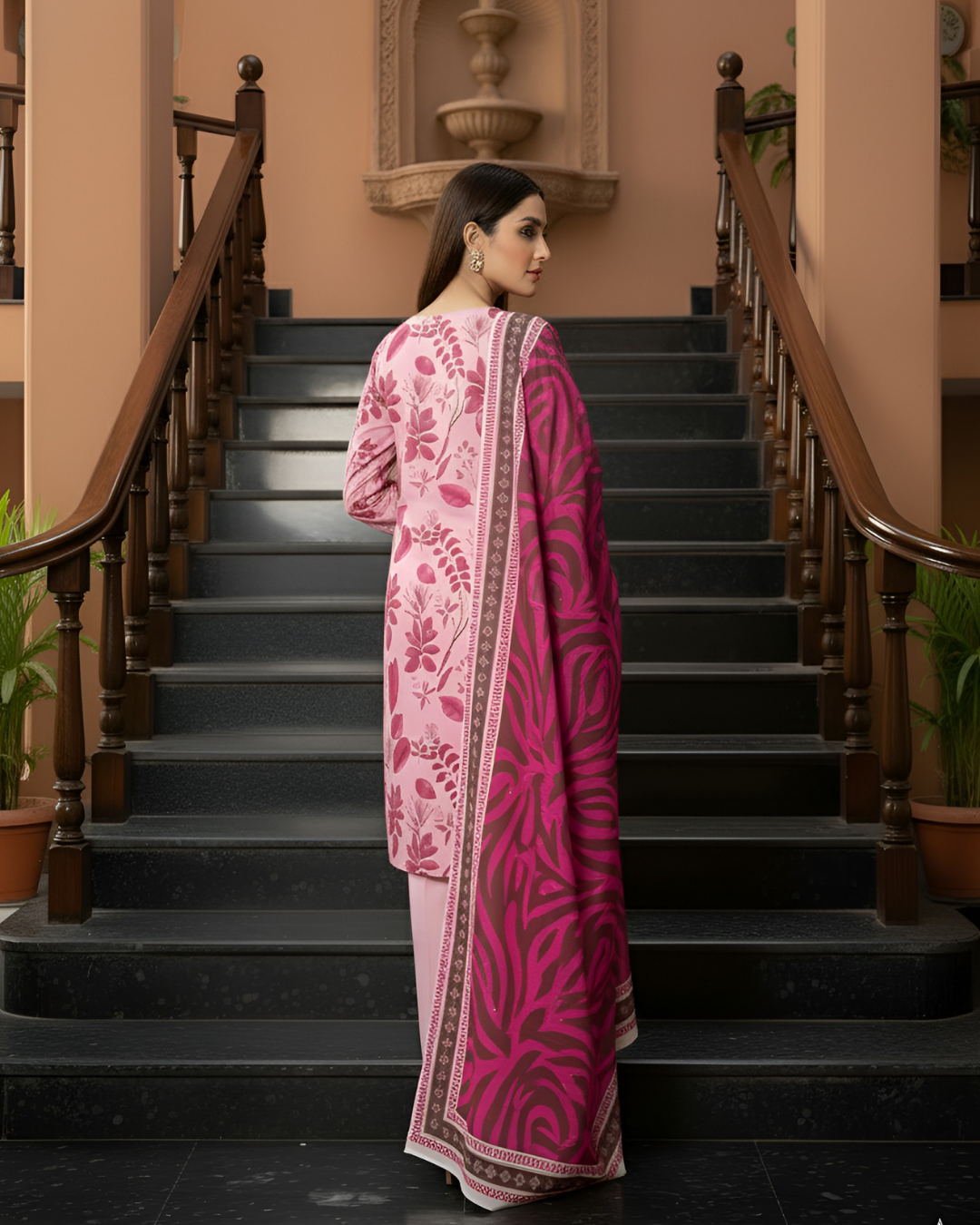 3 Pieces - Marooj Unstitched Baby Pink Printed Khaddar Suit