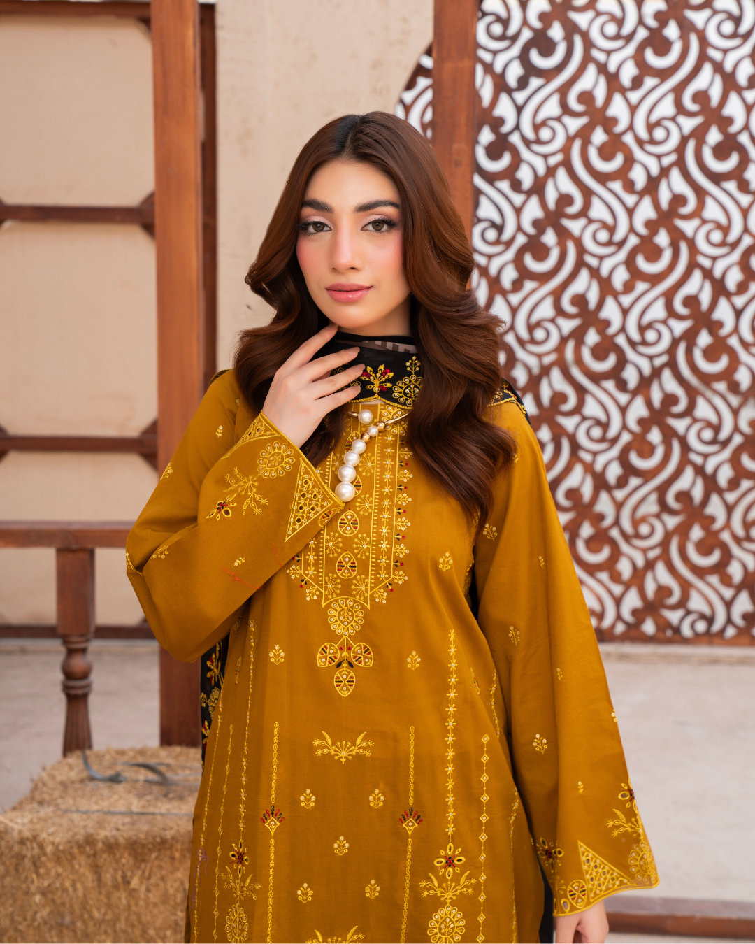 3 Piece - Gold Unstitched Mustard Embroidered Lawn Suit
