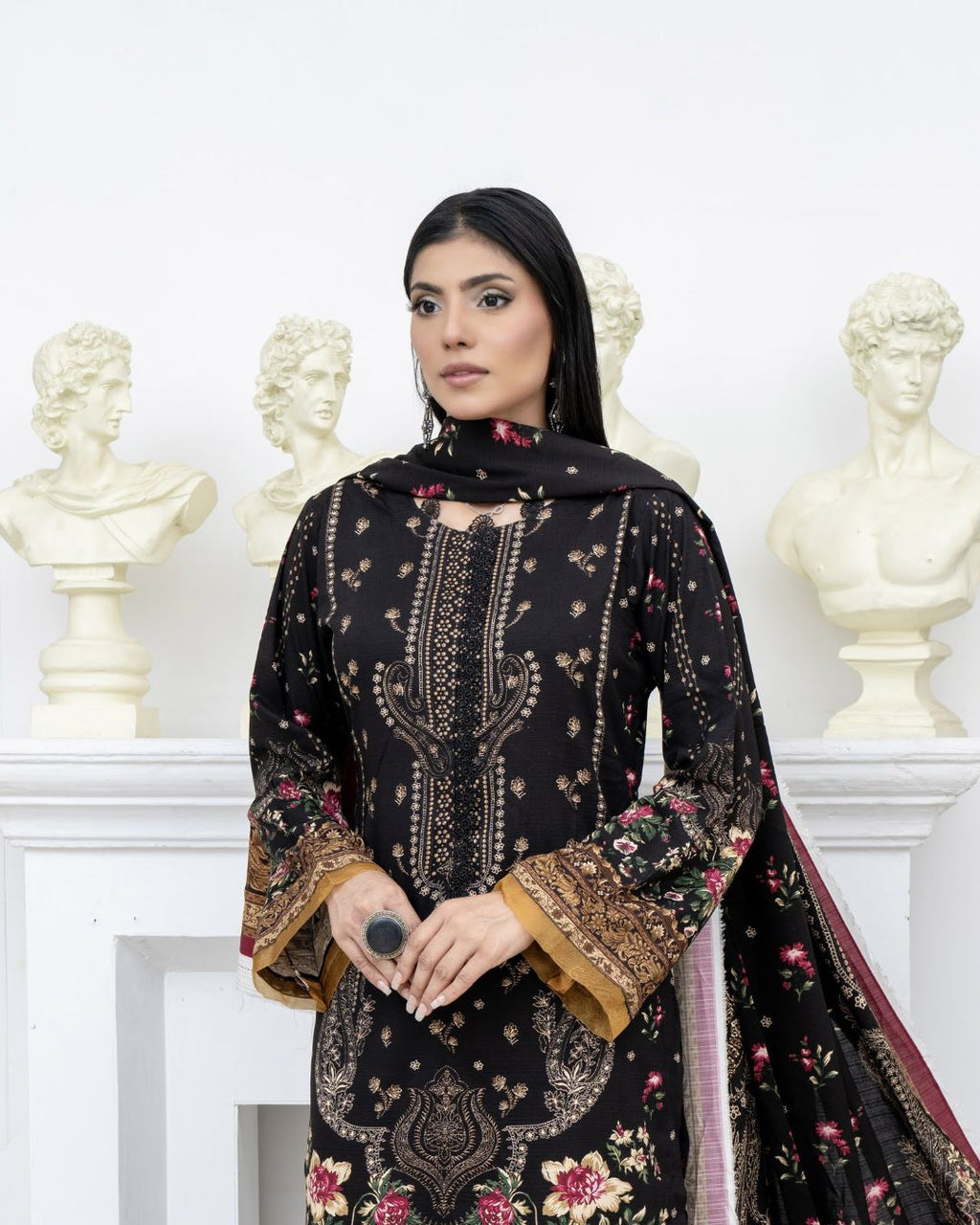 3 Piece - Marooj Unstitched Black BanaDora Linen Suit