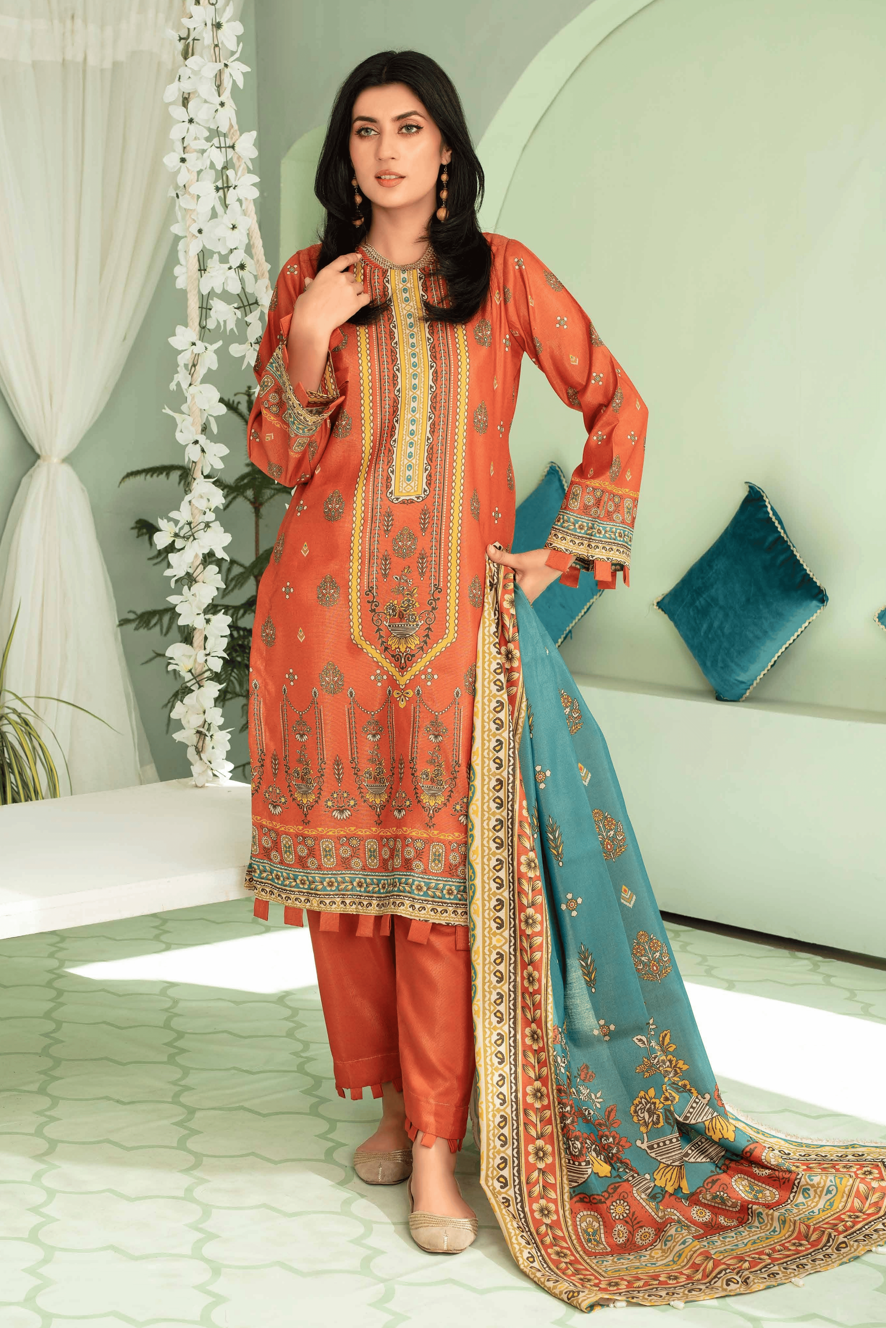 3 Pieces - Aizal Unstitched Orange Printed Shamray Linen Suit