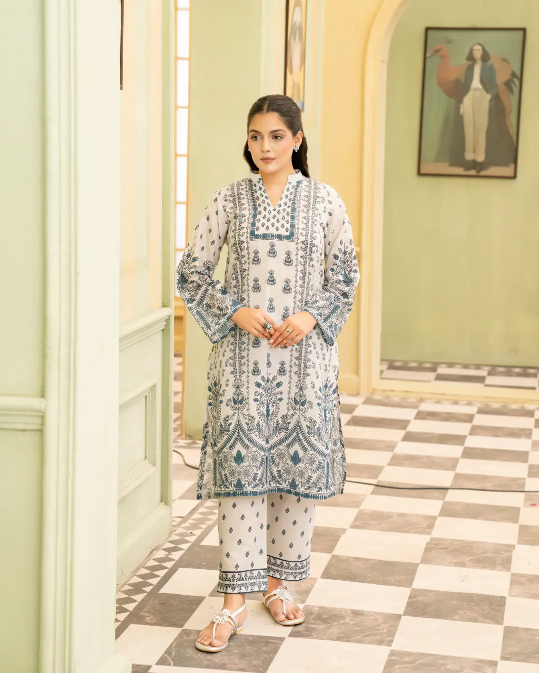 2 Piece - Gold Unstitched White Blue Ladies Print Lawn Suit