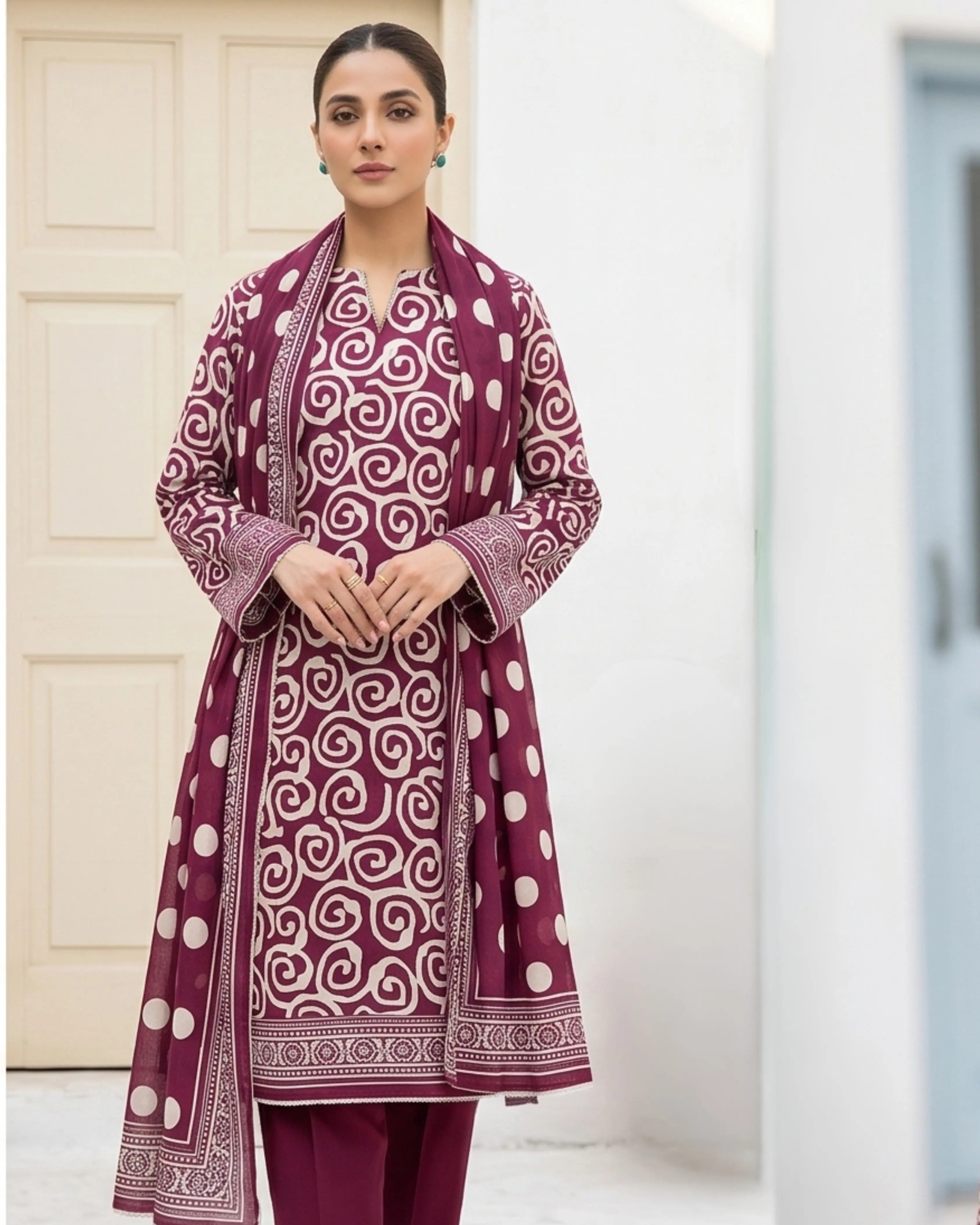 3 Pieces - Sohni Dharti Unstitched Plum Colour Premium Print Lawn Suit