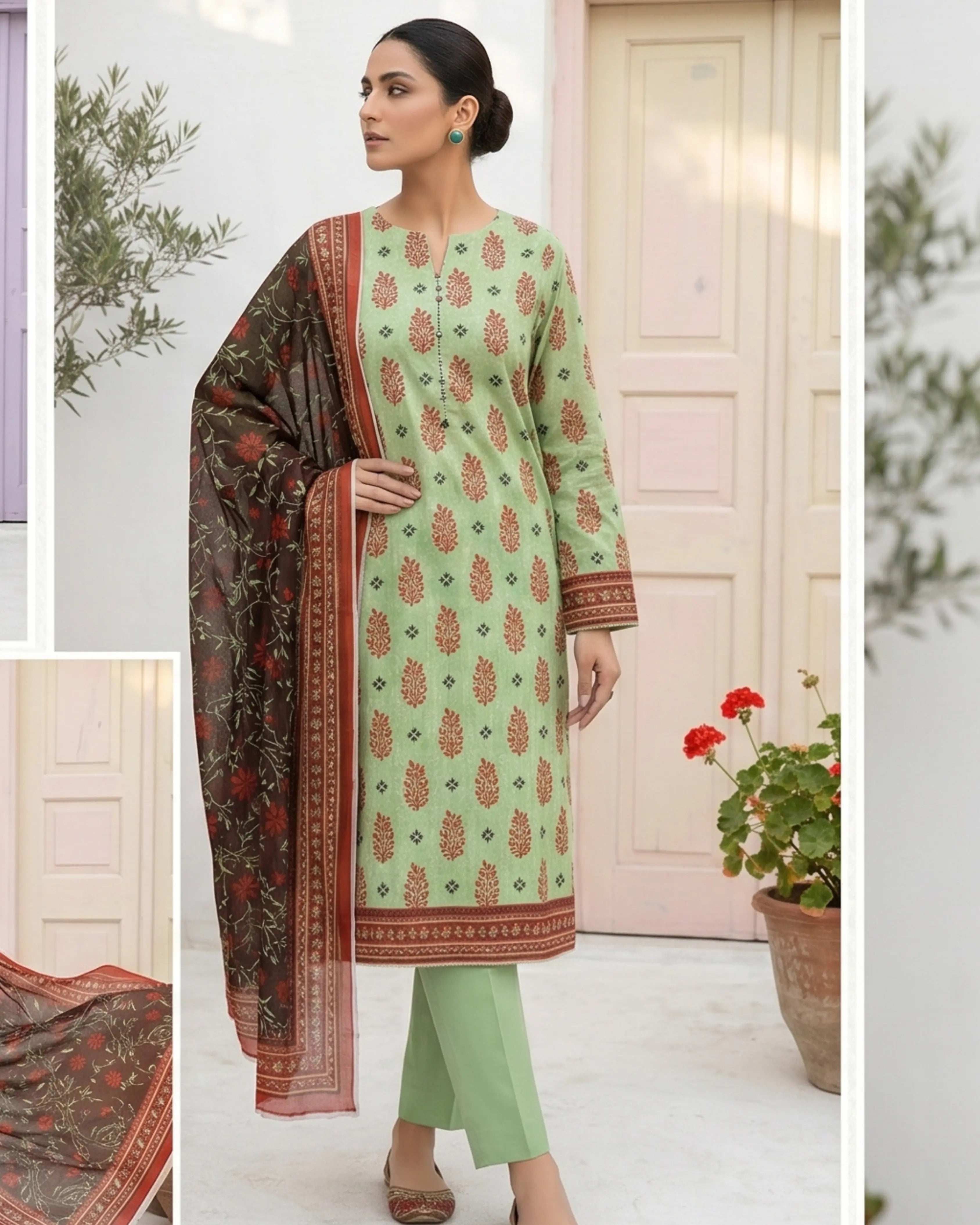3 Pieces - Sohni Dharti Unstitched Pista Colour Premium Print Lawn Suit