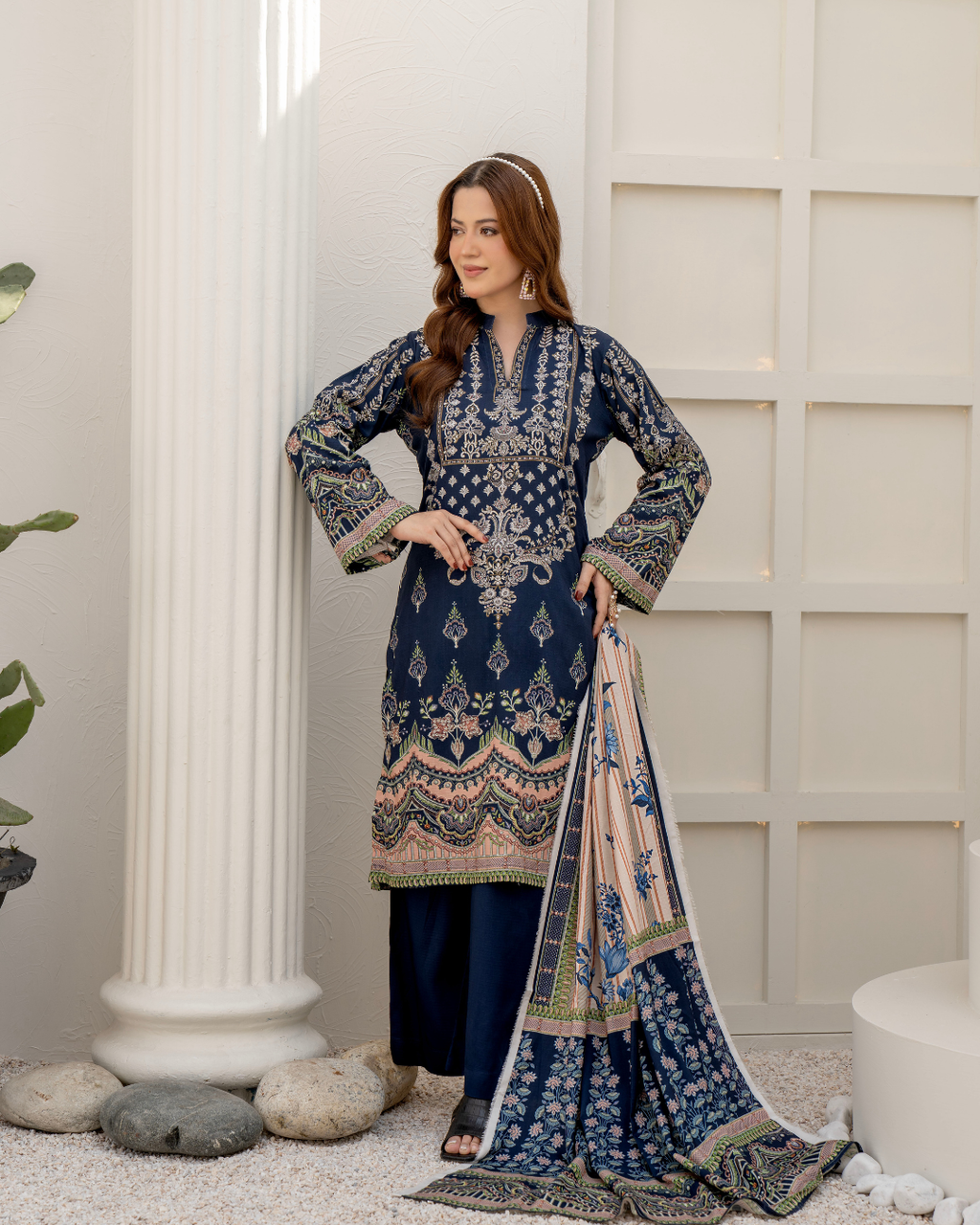 3 Pieces - Marooj Unstitched Dark Blue BanaDora Linen Suit