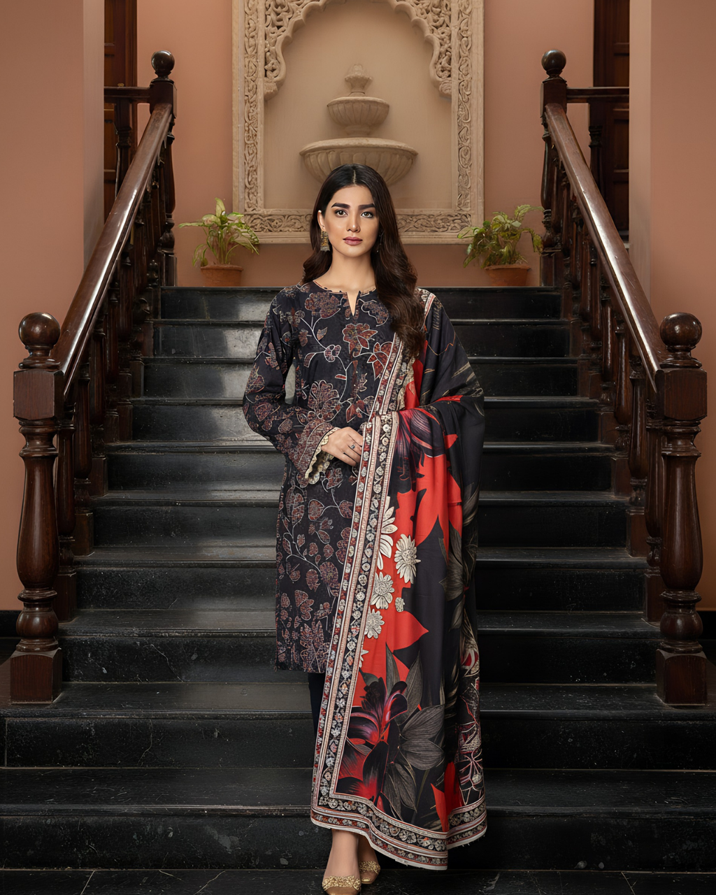3 Pieces - Marooj Unstitched Graish Black Printed Khaddar Suit
