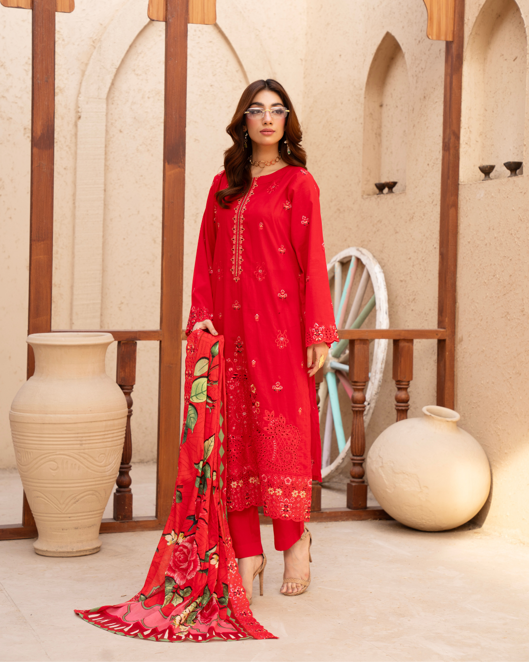 3 Piece - Gold Unstitched Red Embroidered Lawn Suit