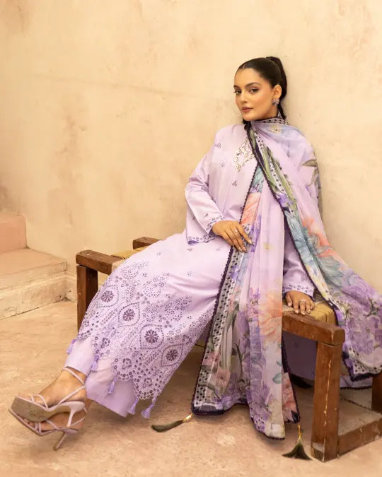 3 Piece - Gold Unstitched Purple Embroidered Lawn Suit