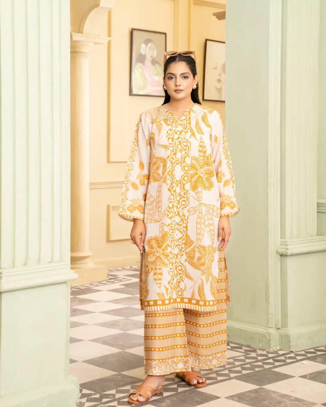 2 Piece - Gold Unstitched Yellow white Ladies Print Lawn Suit