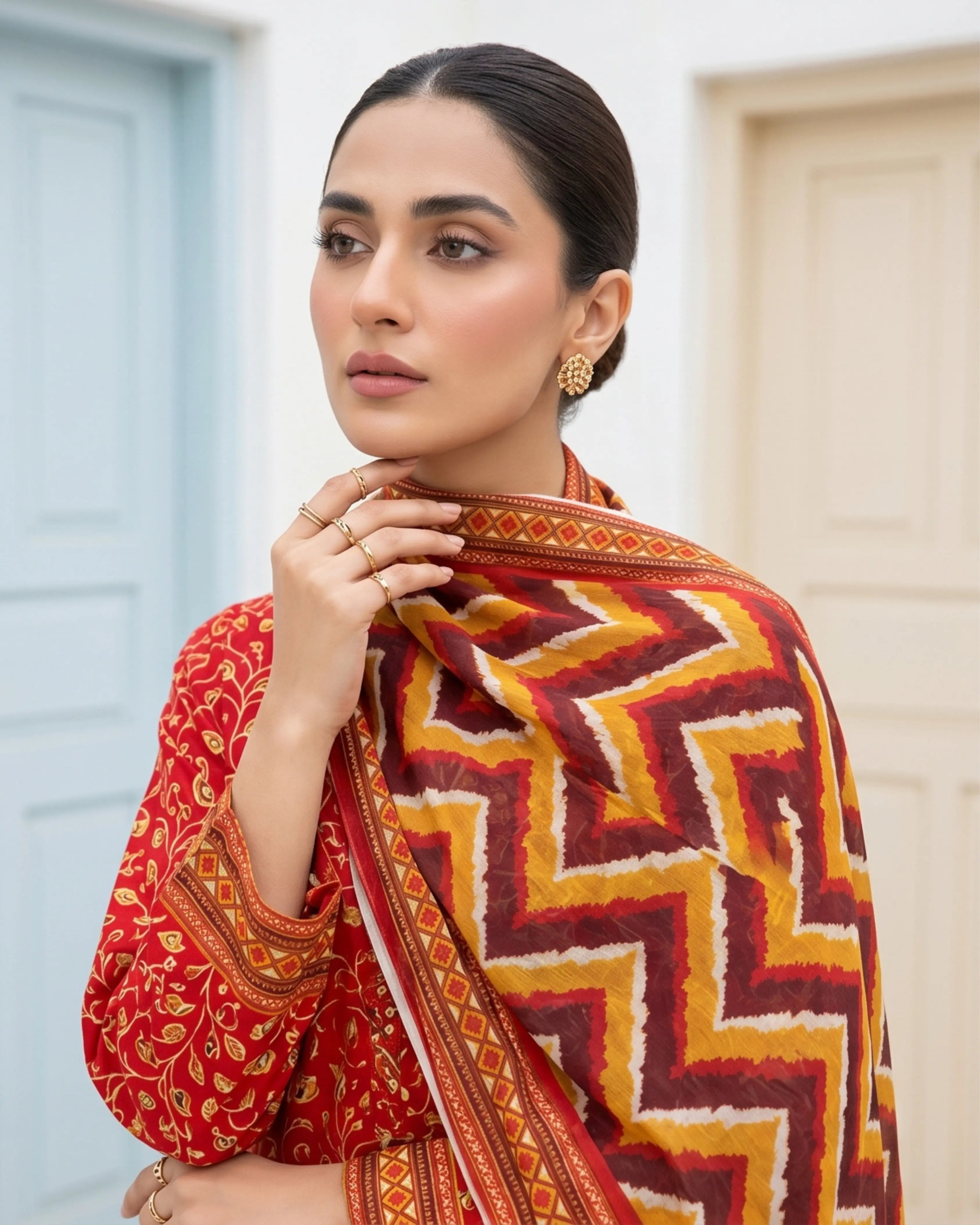 3 Pieces - Sohni Dharti Unstitched Red Colour Premium Print Lawn Suit