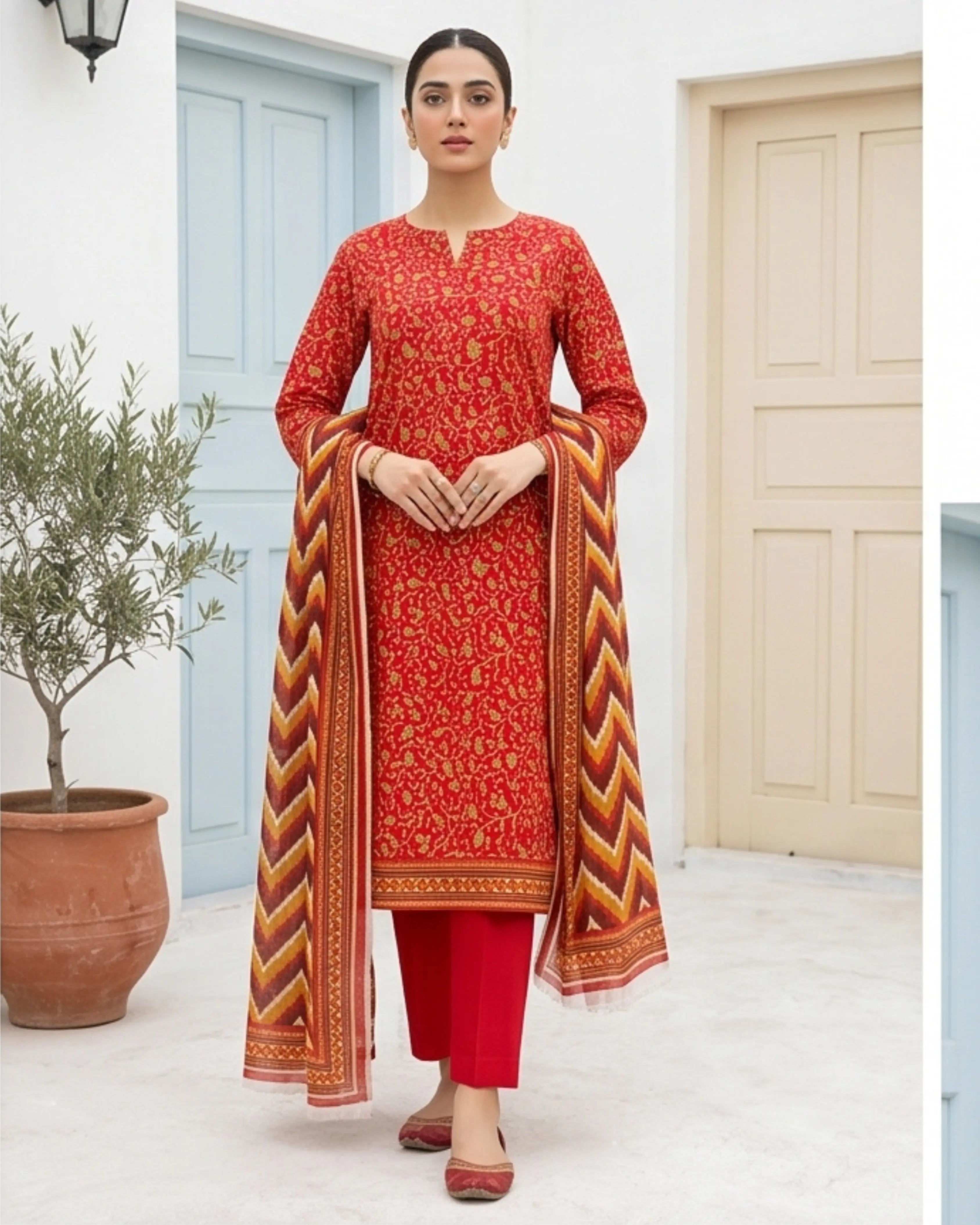 3 Pieces - Sohni Dharti Unstitched Red Colour Premium Print Lawn Suit
