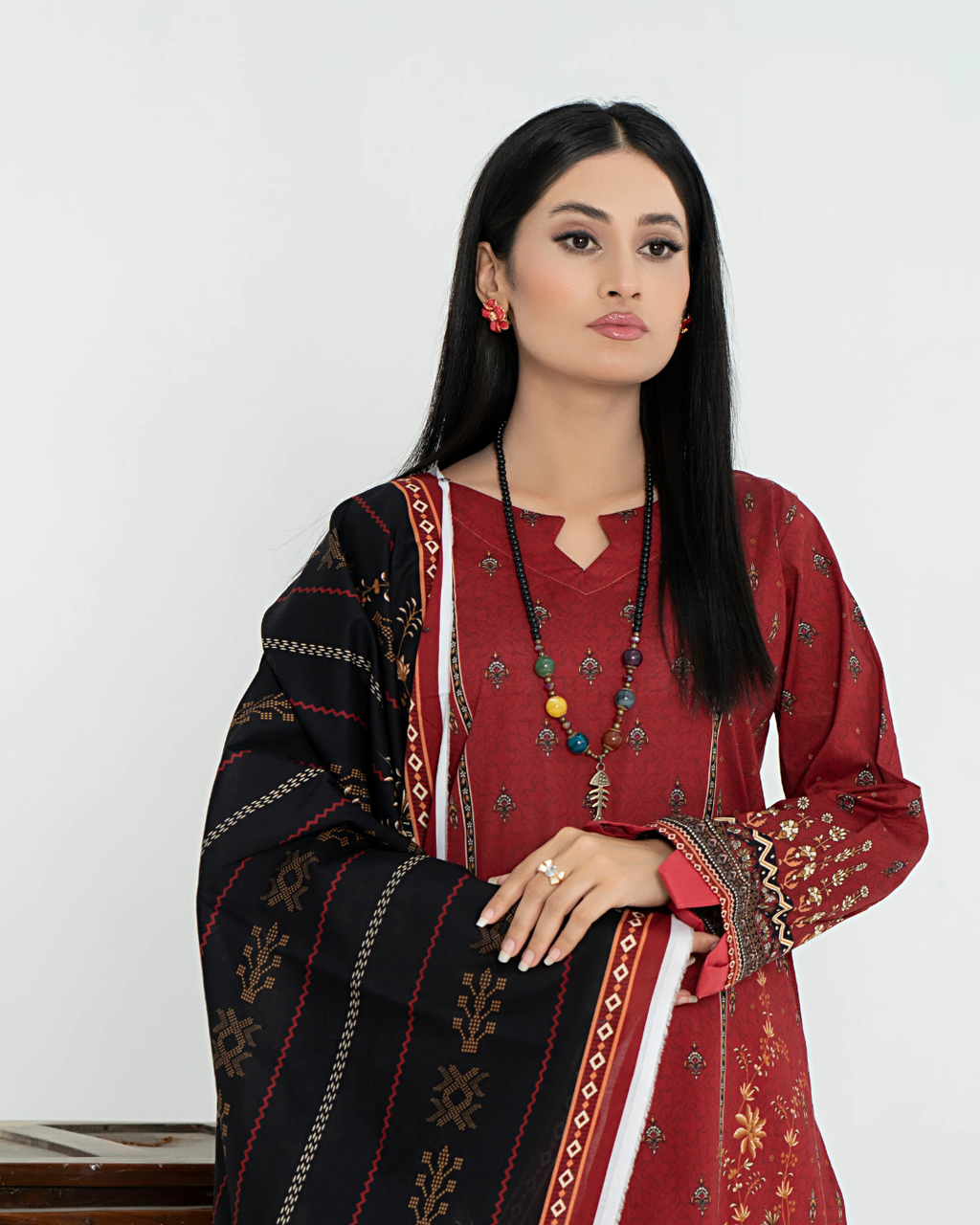 3 Piece - Junoon Unstitched Maroon Ladies Transliminor Magic Print Lawn Suit