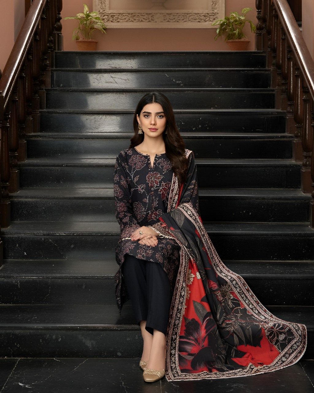 3 Pieces - Marooj Unstitched Graish Black Printed Khaddar Suit