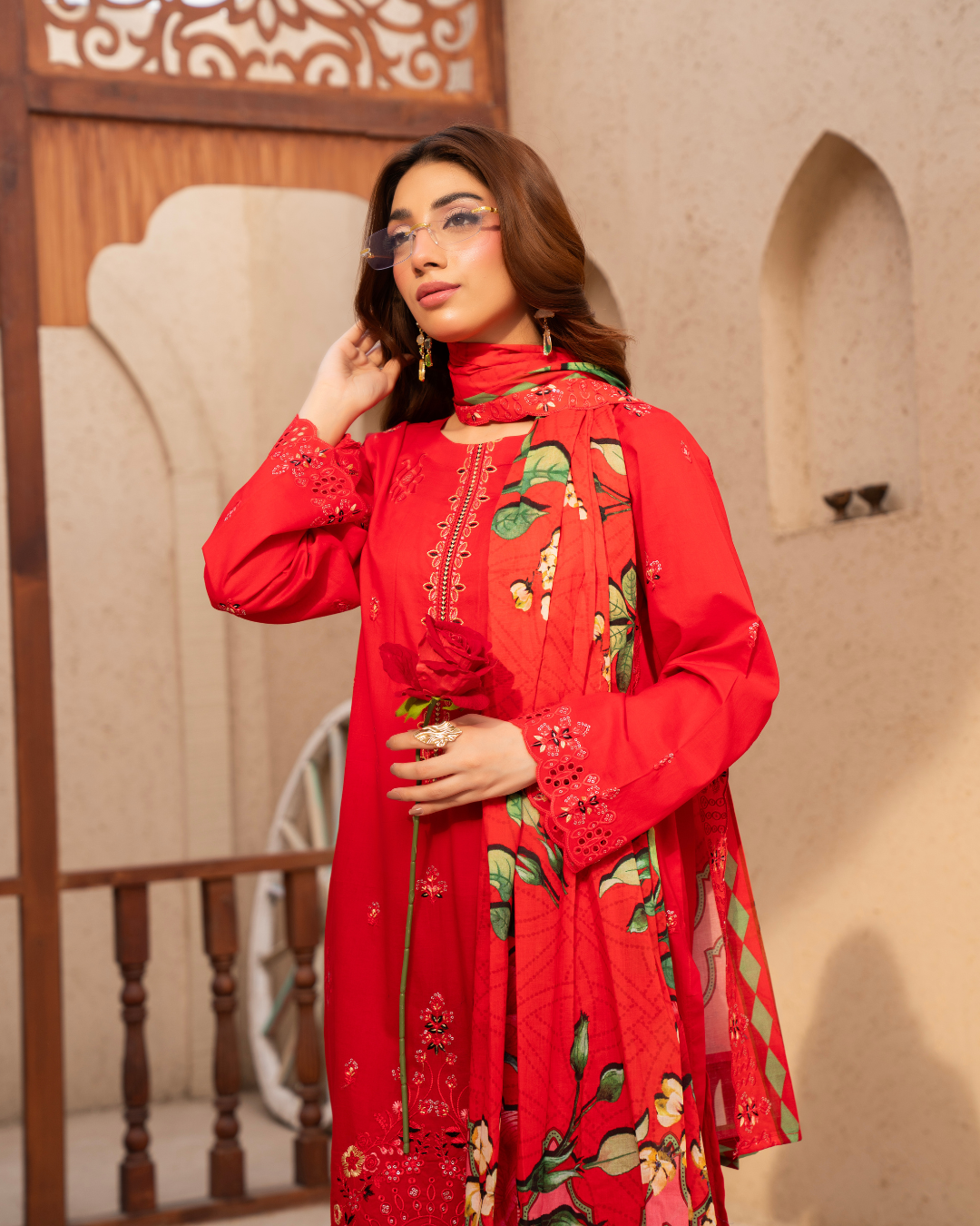 3 Piece - Gold Unstitched Red Embroidered Lawn Suit
